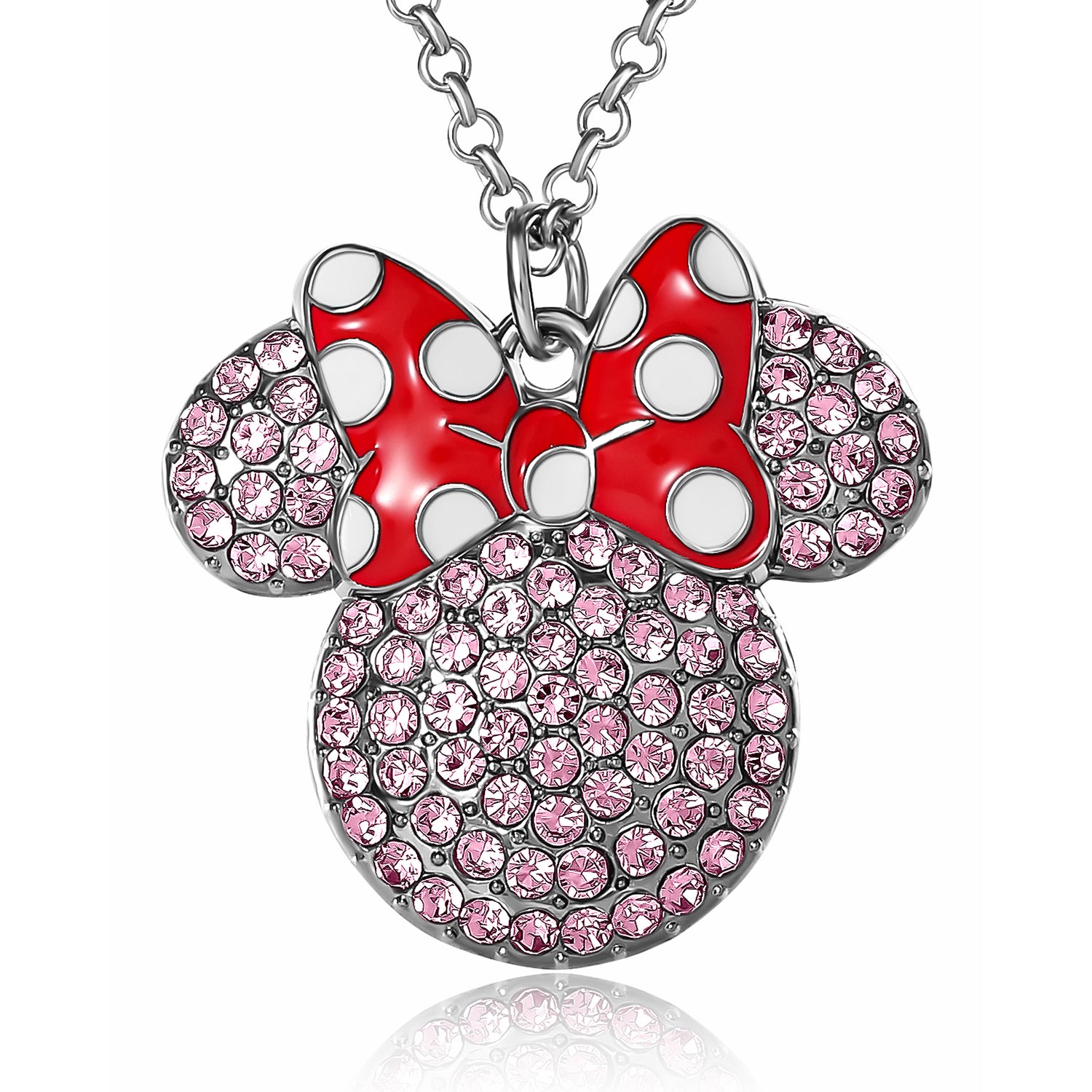 Disney Minnie Mouse Necklace for Women Official License, 16"+3" Pave Pink Crystal Minnie Necklace with Red Bow, Jewelry - Pink