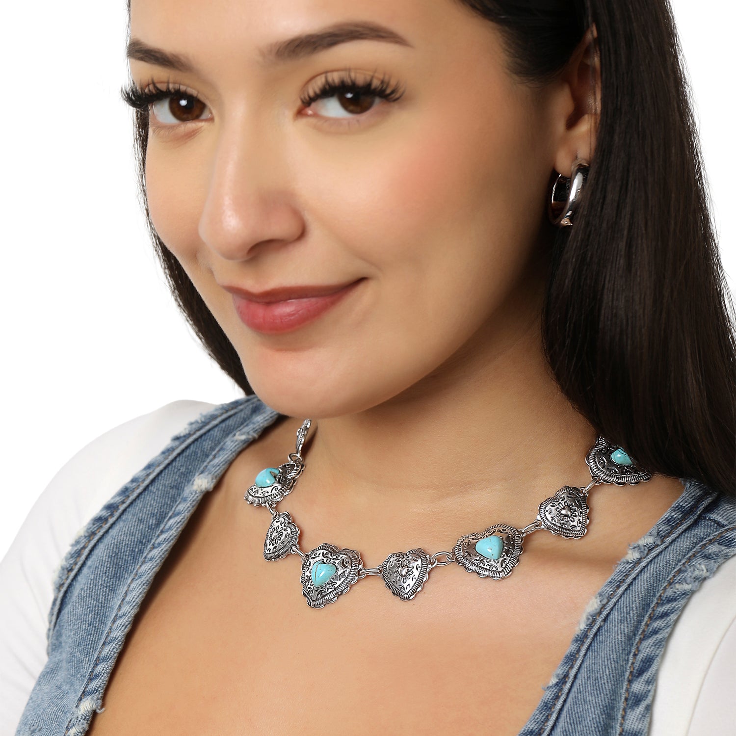 JS Jessica Simpson Turquoise Concho Statement Necklace Antique Silver Tone