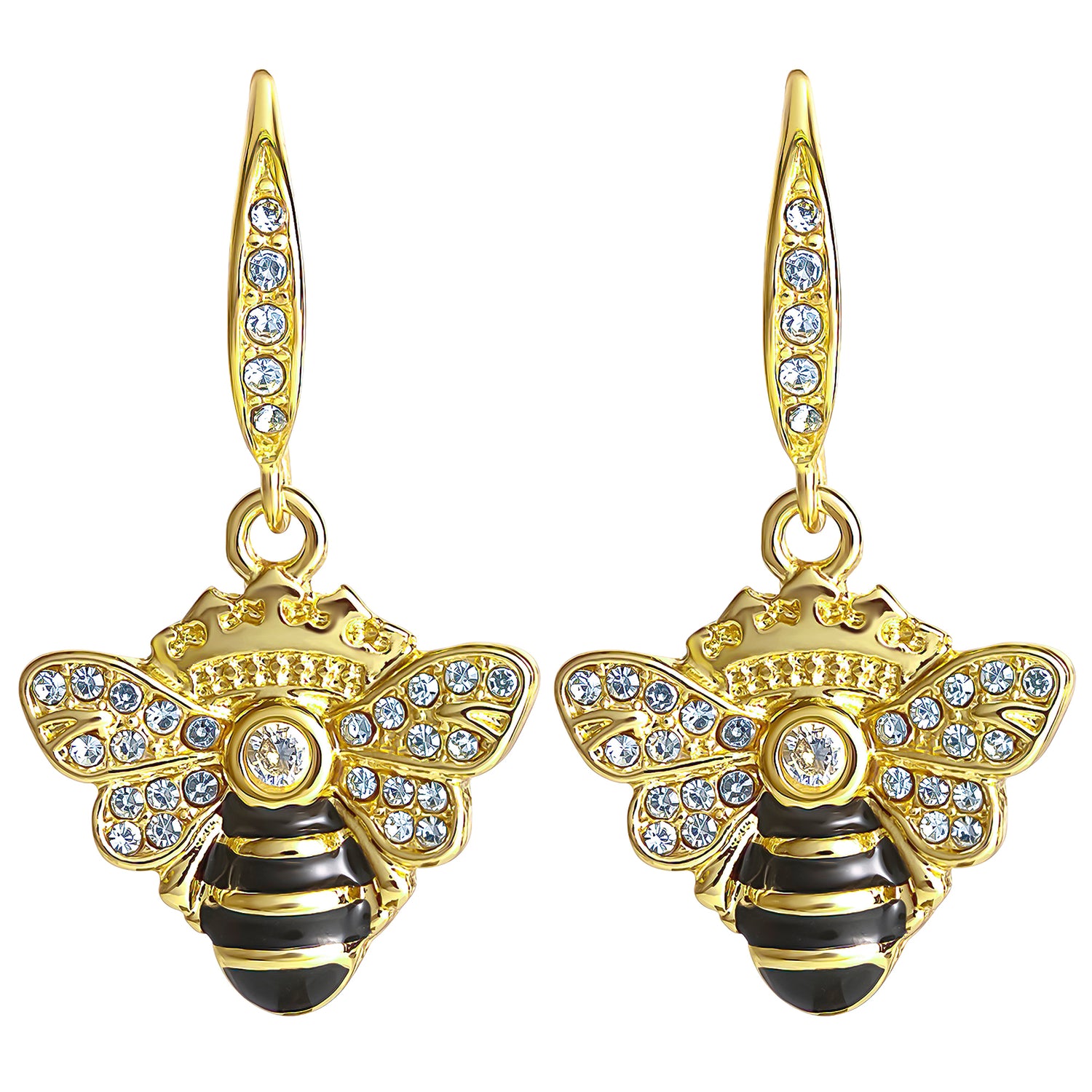 Juicy Couture Rhinestone and Black Enamel Bee Earrings for Women, Gold-Tone