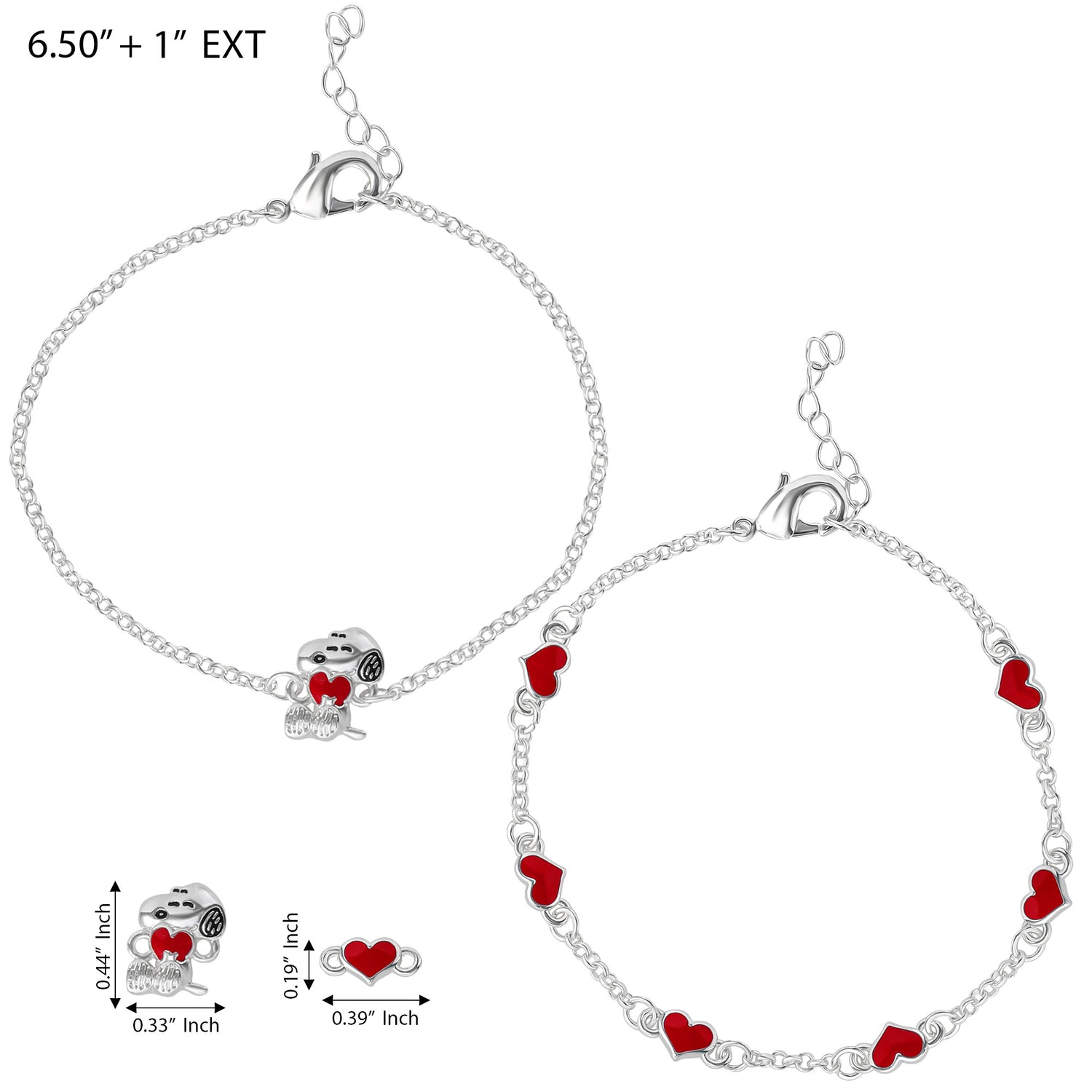 Peanuts Snoopy and Heart Silver Plated Brass Bracelet Set, 2 Piece