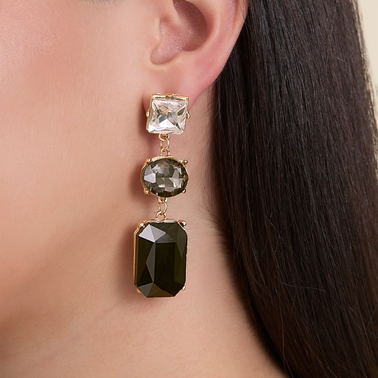 Jessica Simpson Triple Stone Drop Earrings in Black and Clear