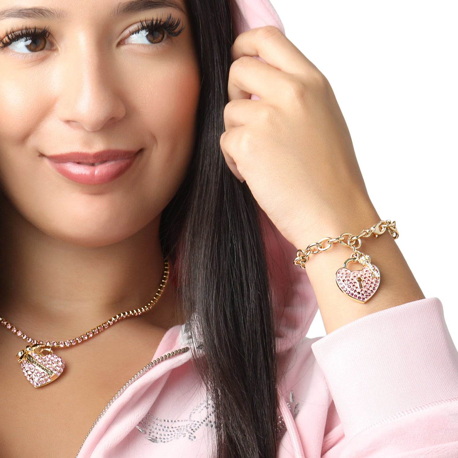Juicy Couture Heart Padlock and Key Charm Bracelet, Ombre Pink Crystals