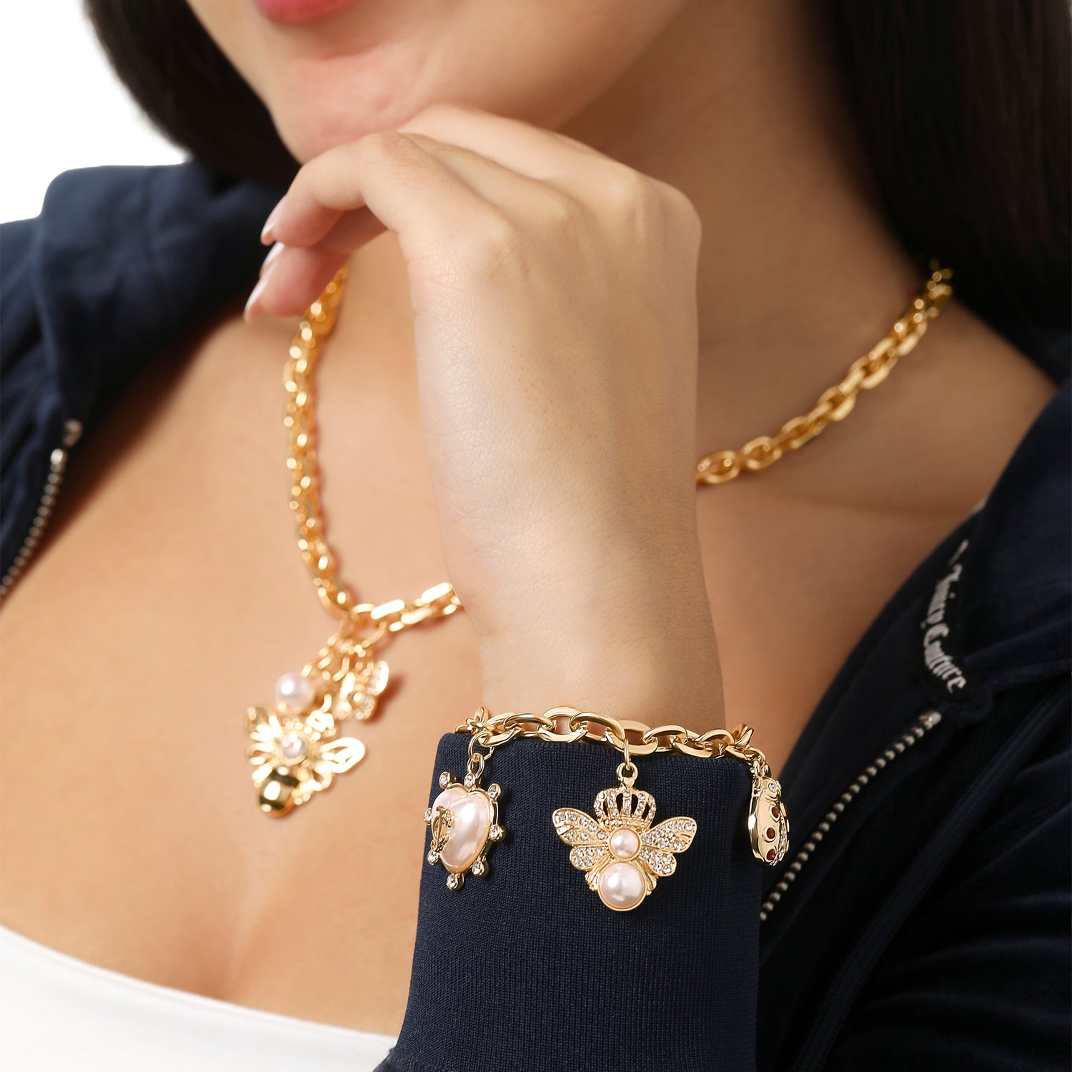 Juicy Couture Pearl & Icon Charm Bracelet, Gold‑Tone Link with Faux Pearls
