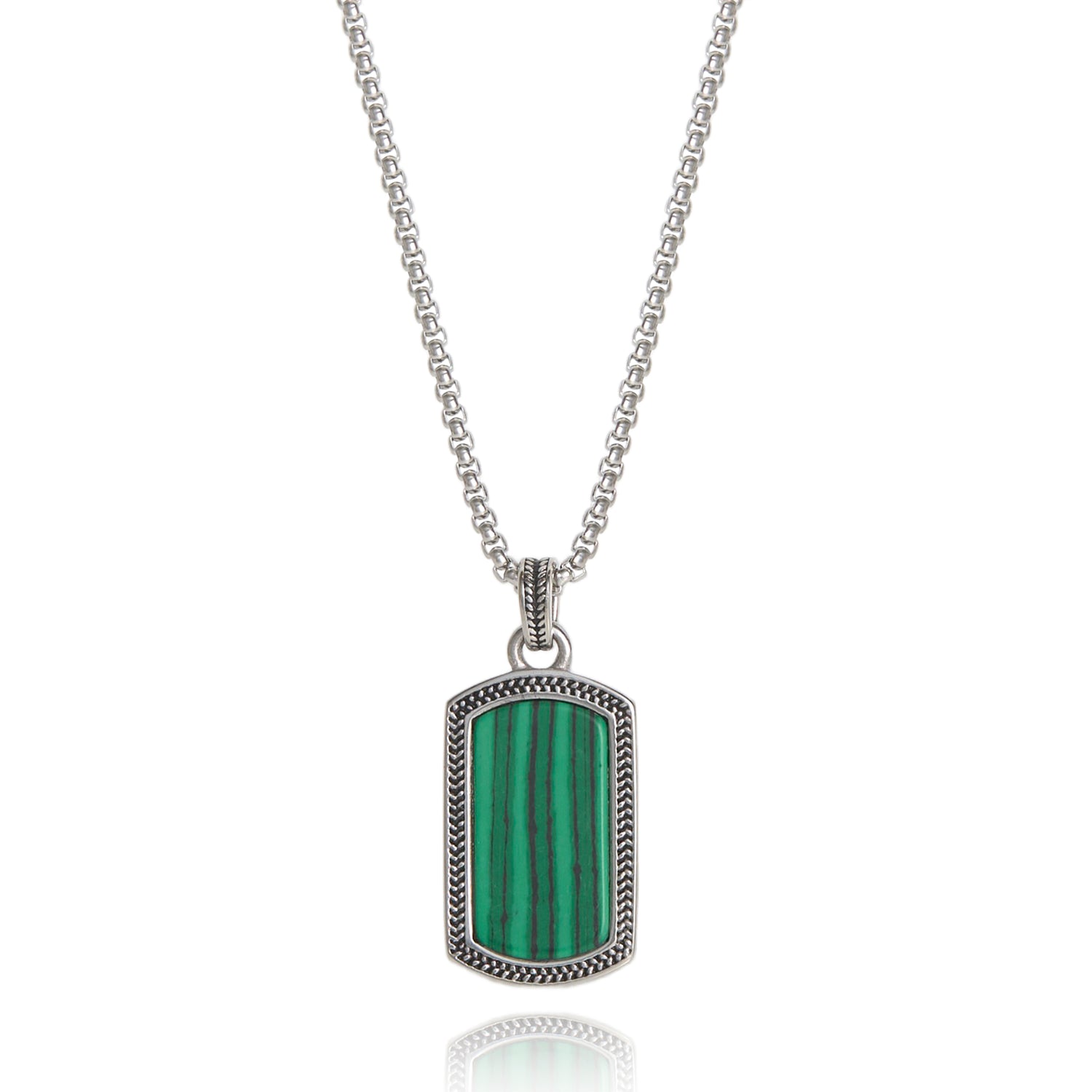 Lucky Brand Mens Stainless Steel Necklace with Malachite Green Pendant
