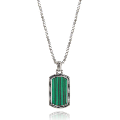 Lucky Brand Mens Stainless Steel Necklace with Malachite Green Pendant