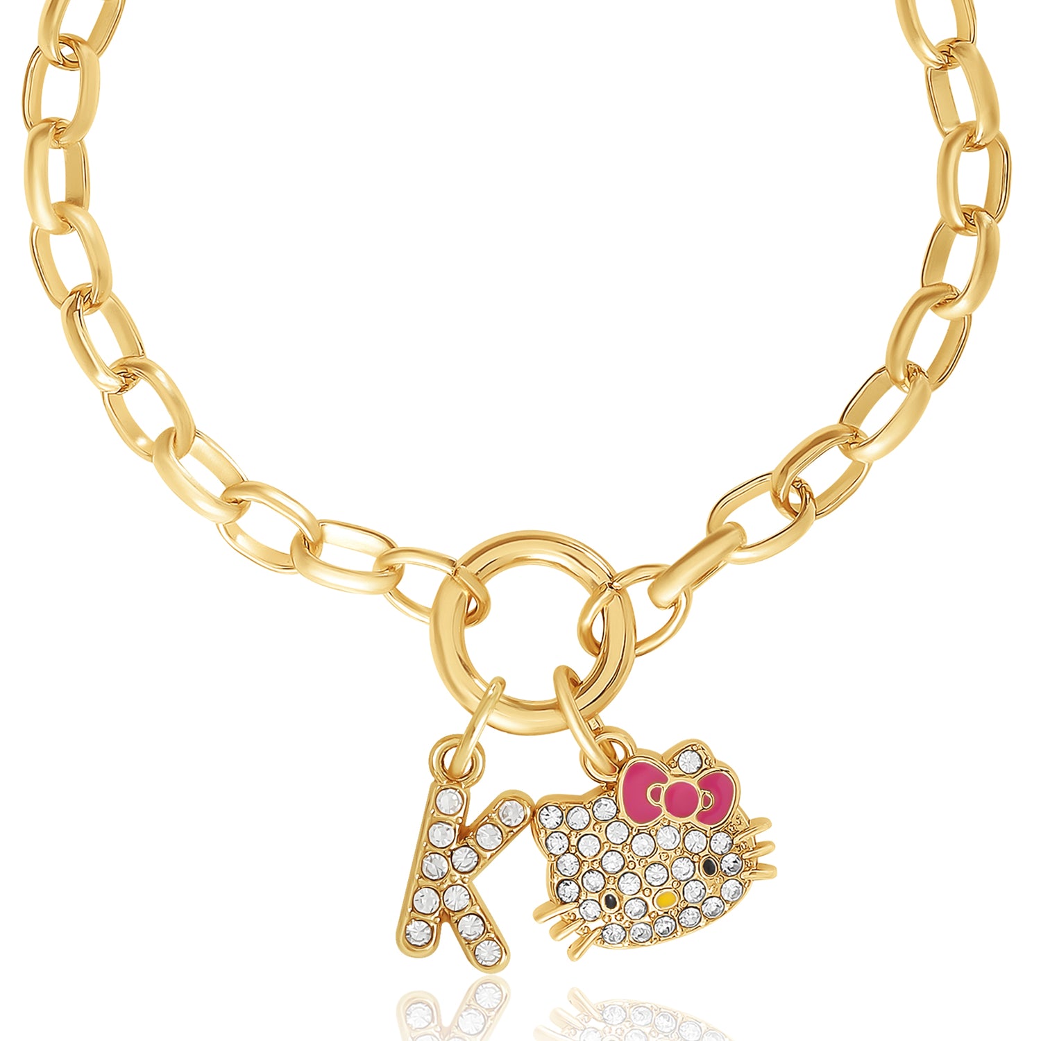 Hello Kitty Initial Crystal Charm Bracelet, Gold‑Tone, Adjustable - K