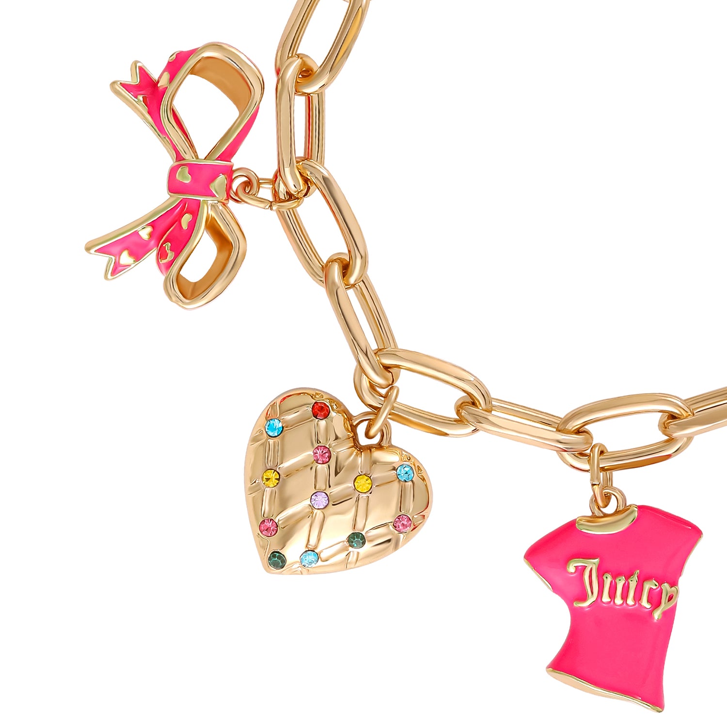 Juicy Couture Pink and Gold Charm Bracelet with Bow, Dog, and Heart - 7.5''