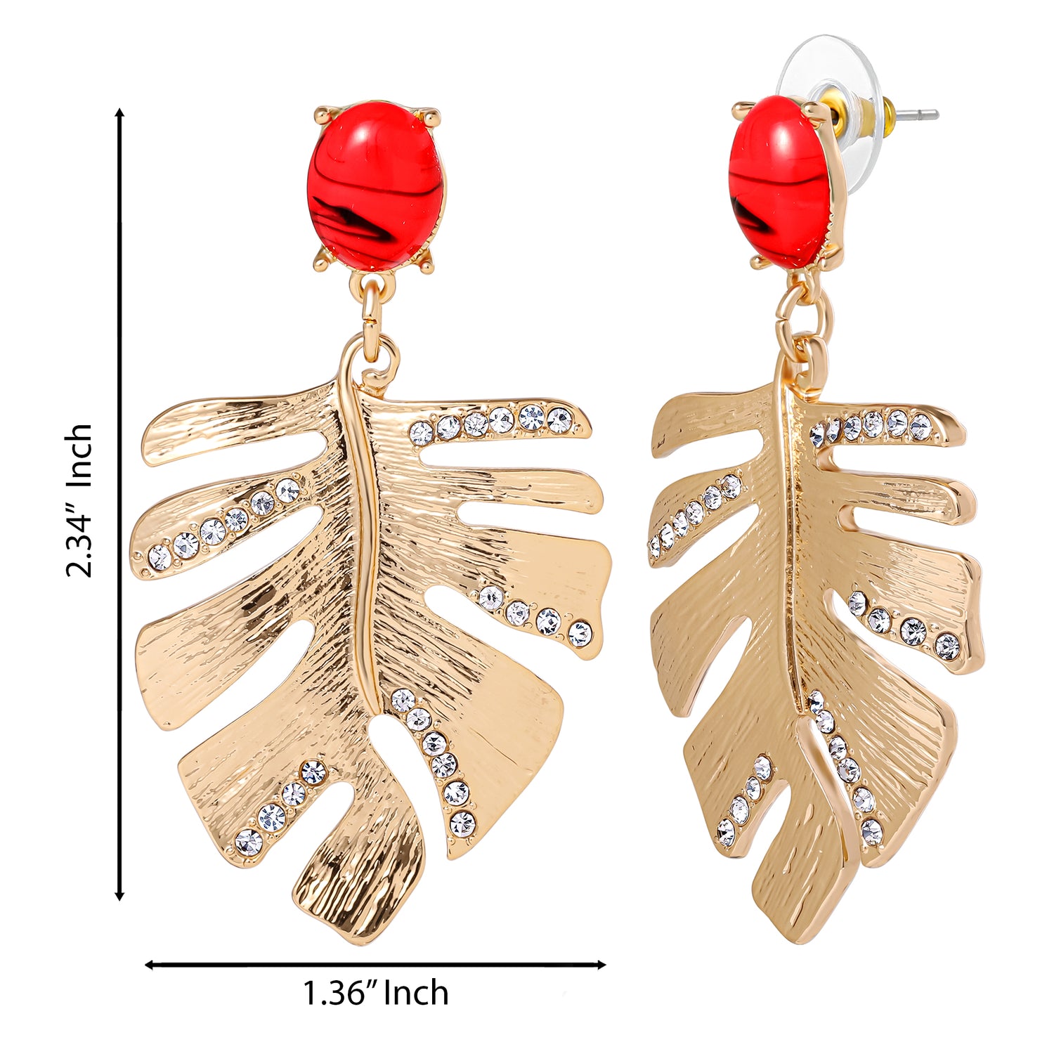 Jessica Simpson Gold-Tone Tropical Leaf Drop Earrings with Red Accents – Statement Earrings with Crystal Detailing
