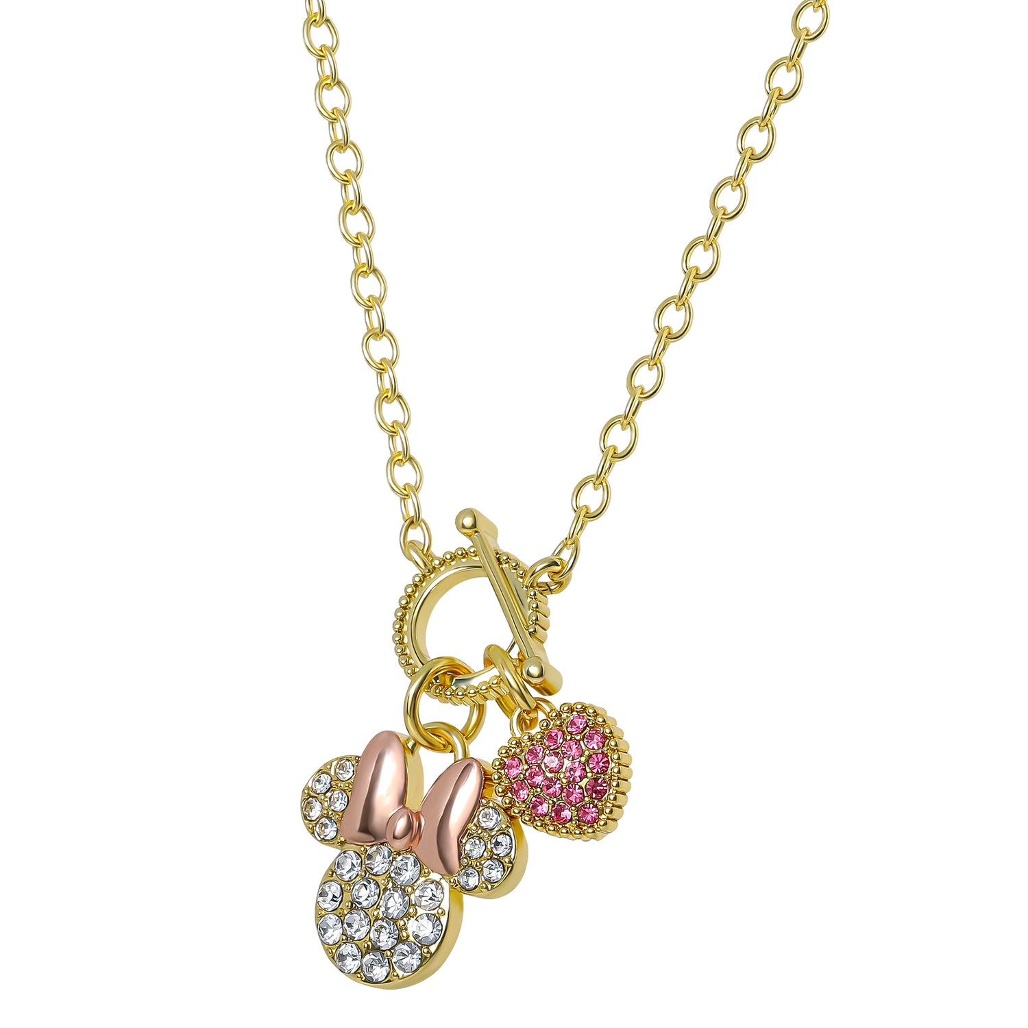 Disney Minnie Mouse Necklace 16" + 2", Gold Tone, Clear and Pink Crystals