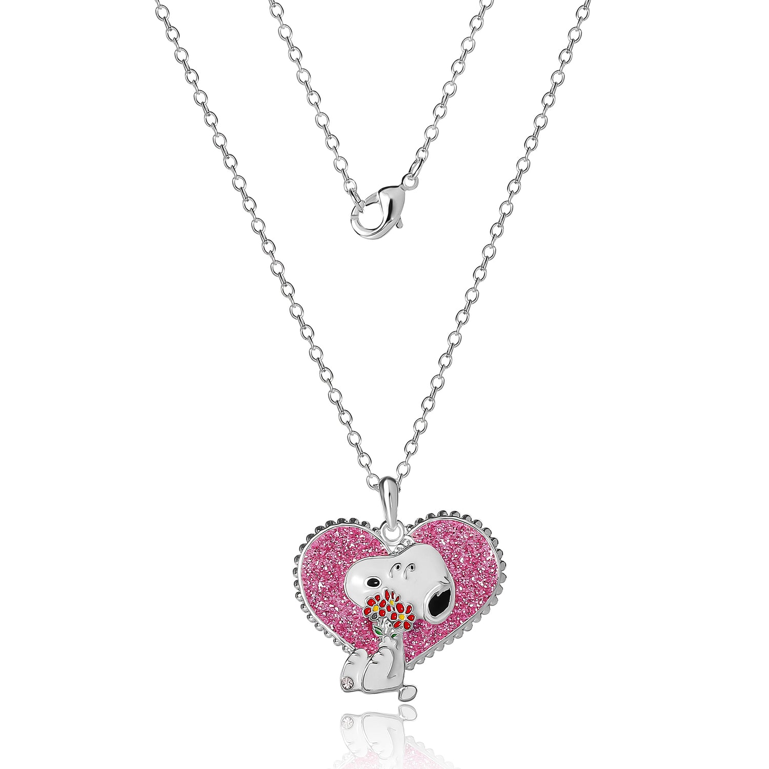 Peanuts Snoopy Necklace for Women Official License, 16+2 Silver Flash-Plated Heart Necklace with Pink Glitter and Crystal