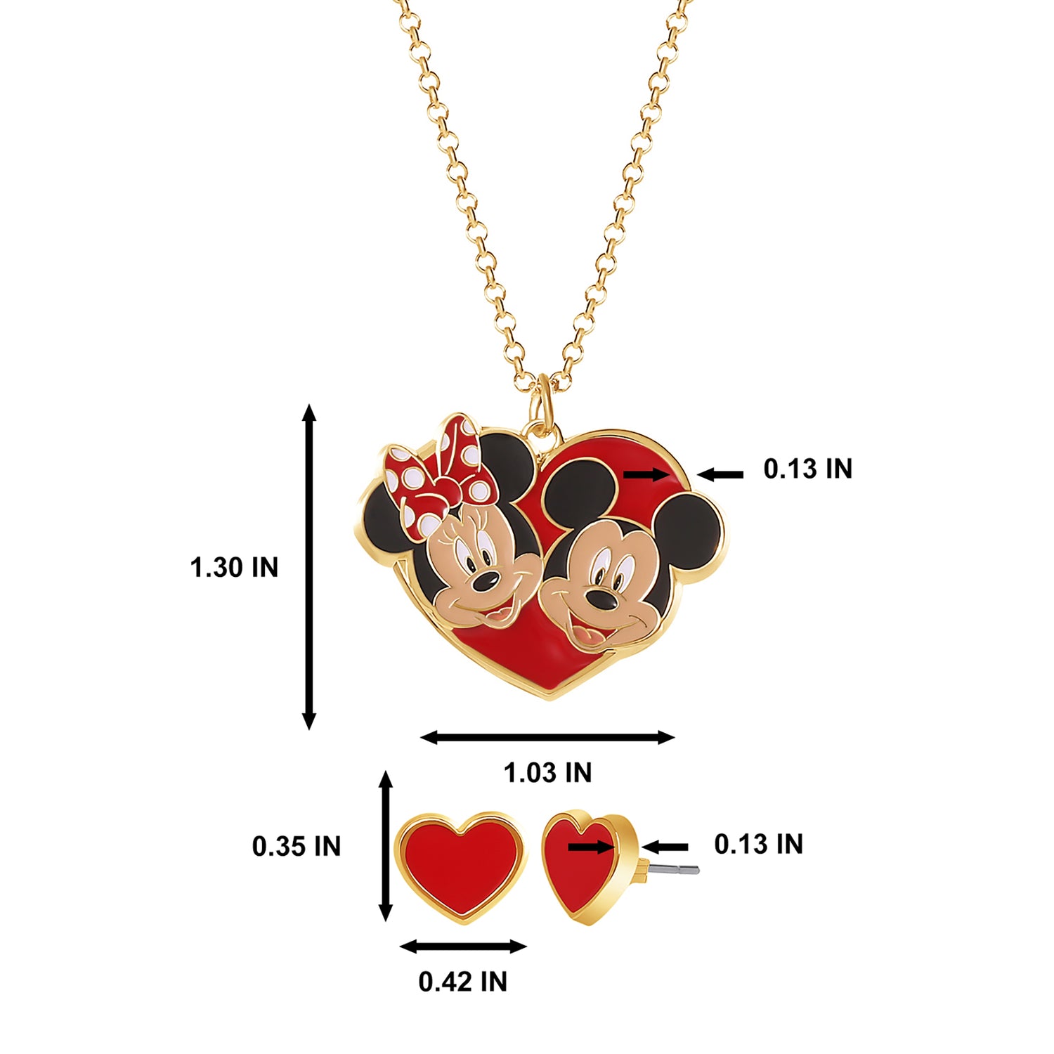 Disney Mickey & Minnie Heart Necklace and Stud Earrings Set