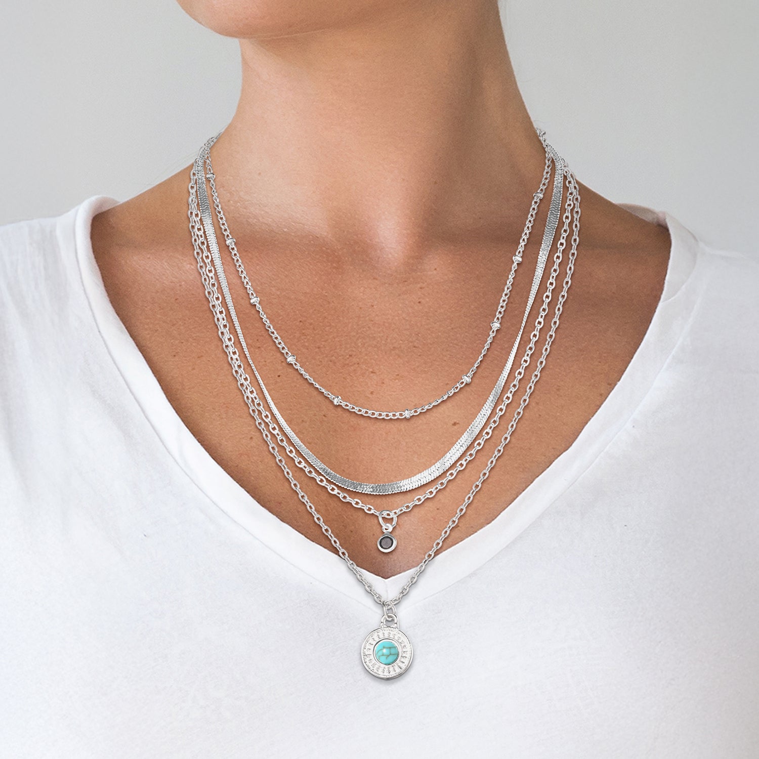 Jessica Simpson Silver-Tone Layered Necklace with Turquoise Pendant and Charm