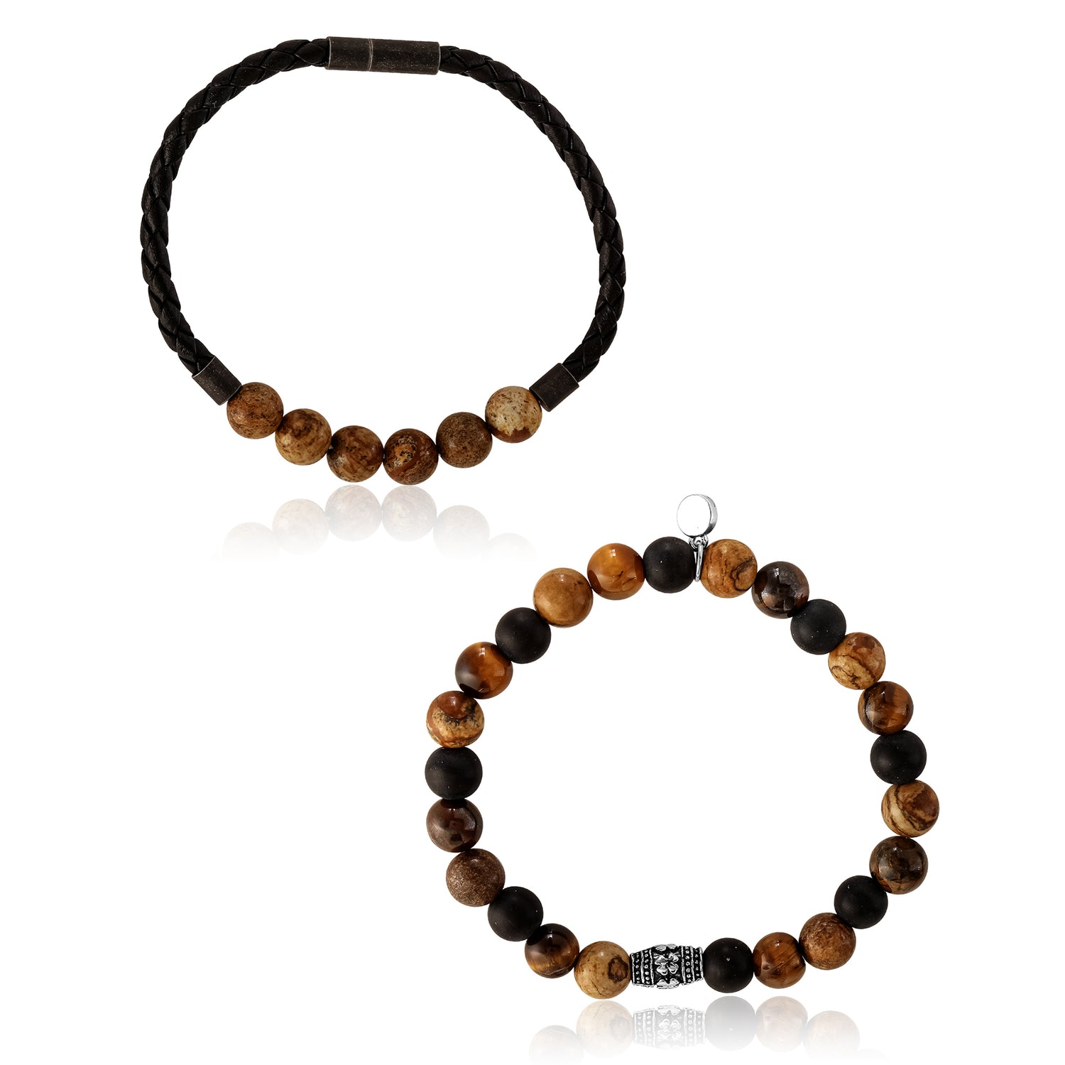 Lucky Brand Tiger’s Eye, Black Onyx, Picture Jasper Stretch Bead & Magnetic Cord Bracelet Set - 2 Piece