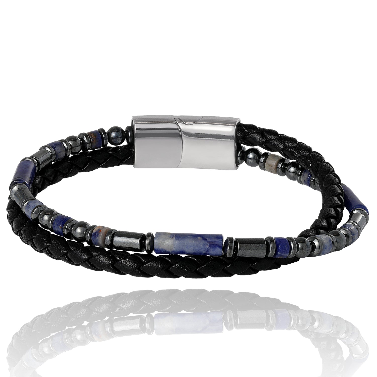 Lucky Brand Men’s Braided Leather & Sodalite Bead 8.5'' Bracelet, Black/Blue, Magnetic Clasp