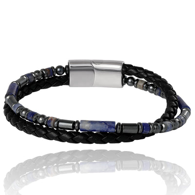 Lucky Brand Men’s Braided Leather & Sodalite Bead 8.5'' Bracelet, Black/Blue, Magnetic Clasp