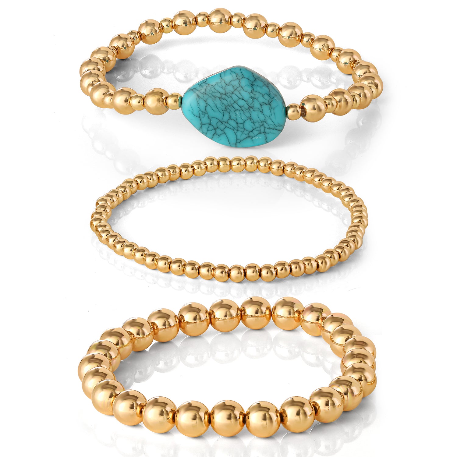 Jessica Simpson 3-Piece Beaded Stretch Bracelet Set - Gemstone & Gold-Tone Accents - Turquoise