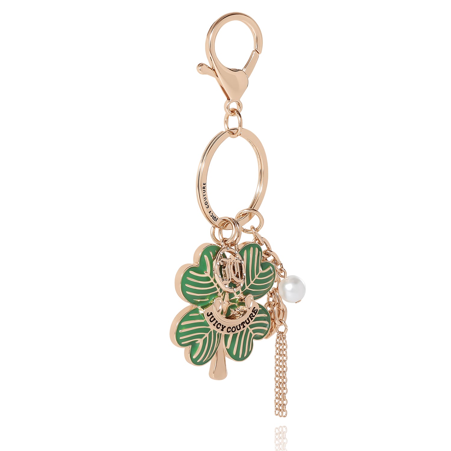Juicy Couture Lucky Clover Keychains for Women, Cute Keychain with Logo Charm and Faux Pearl Accent