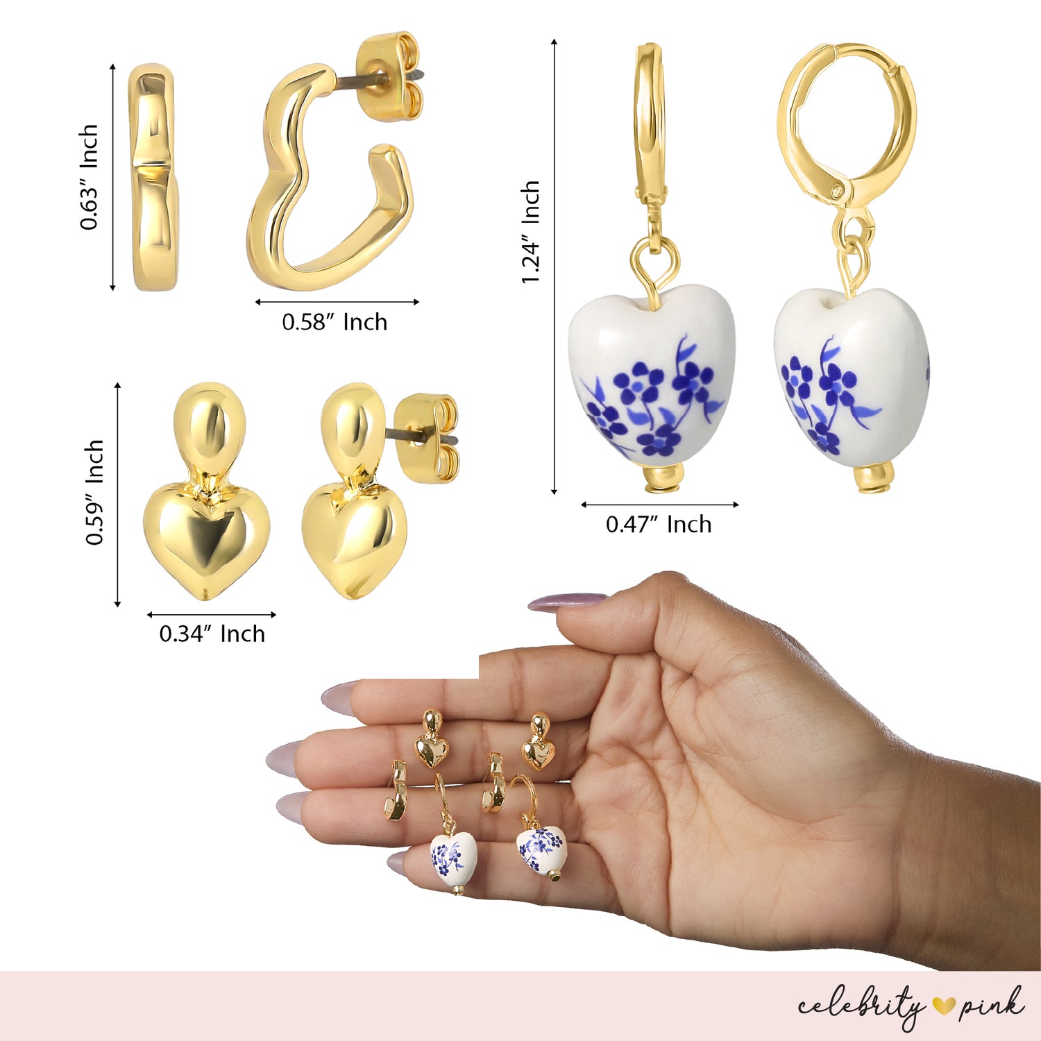 Celebrity Pink Womens Earrings Gold-Tone 6-Pack, Faux Pearl Studs and Hoops | 6-Pack, Faux Pearl Accents, Yellow Gold Tone, Heart Earrings, Feminine Jewelry