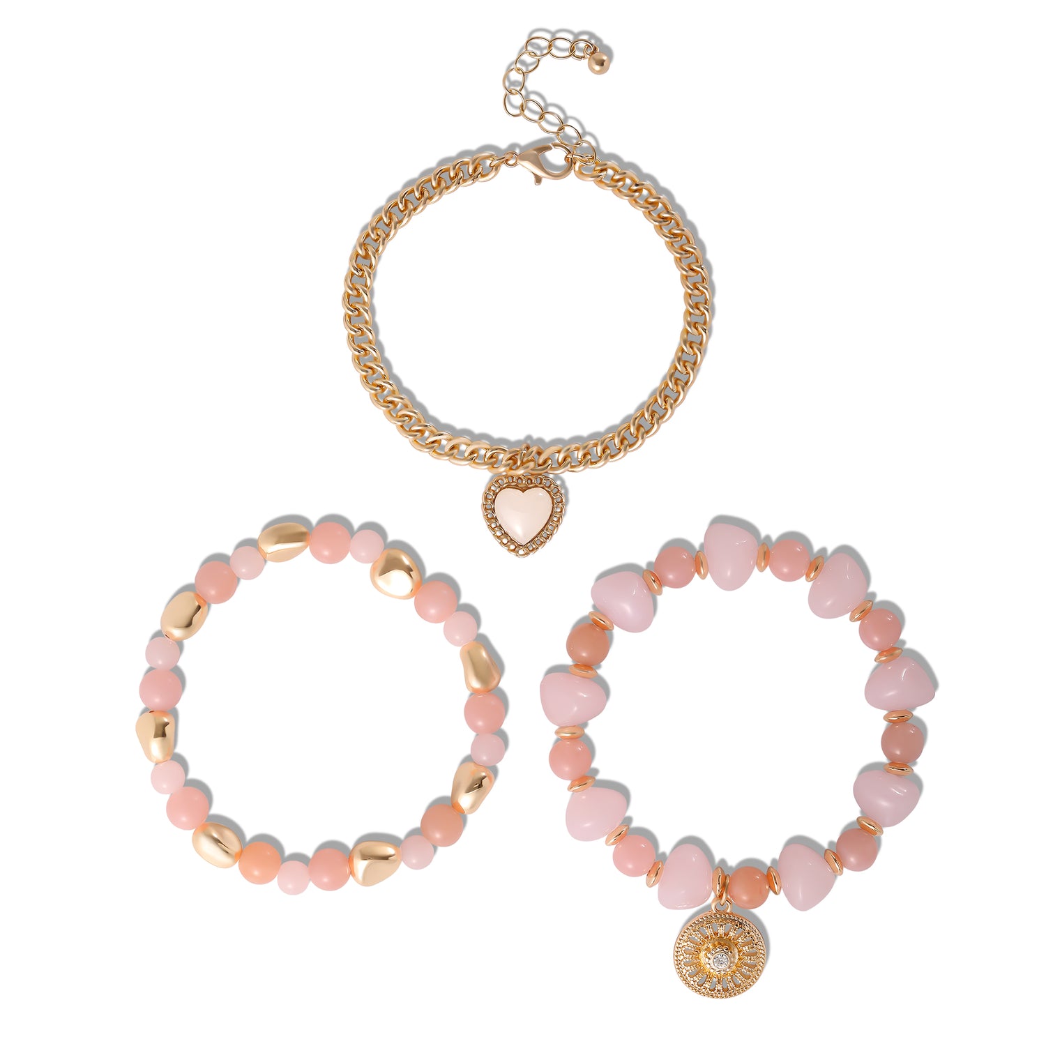Jessica Simpson Set of 3 Pink and Gold-Tone Beaded Stretch Bracelets