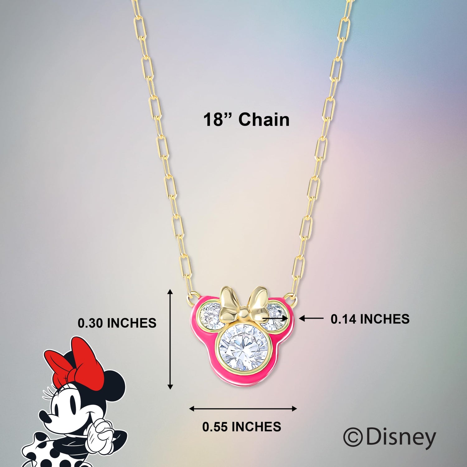 Disney Minnie Mouse Cubic Zirconia and Enamel Necklace Official License 18", Flash-Plated Necklace