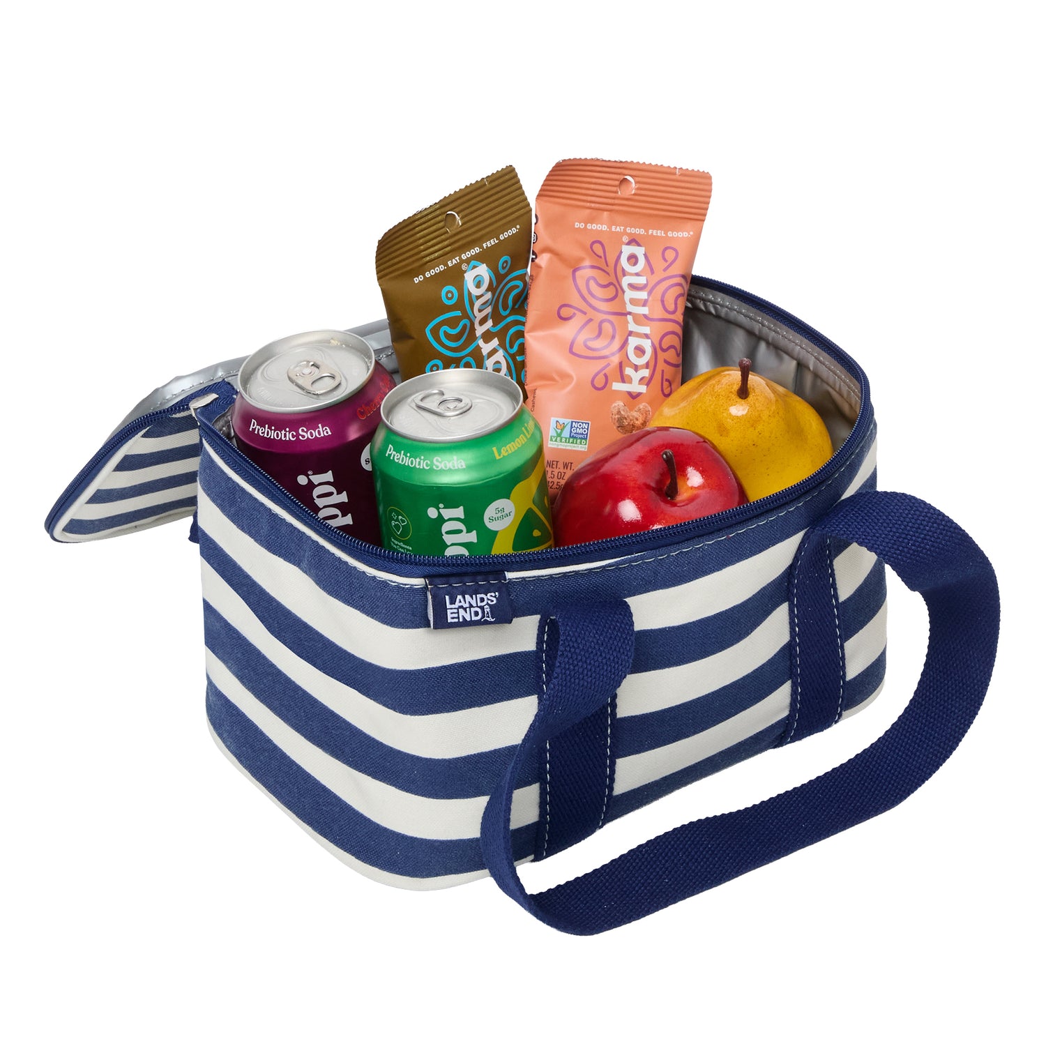 Lands' End Rectangular Small Cooler Bag Insulated 1.5 Gal, Canvas Soft Cooler with Tote Handles and Zip Closure (Navy Stripe) - Navy Stripe
