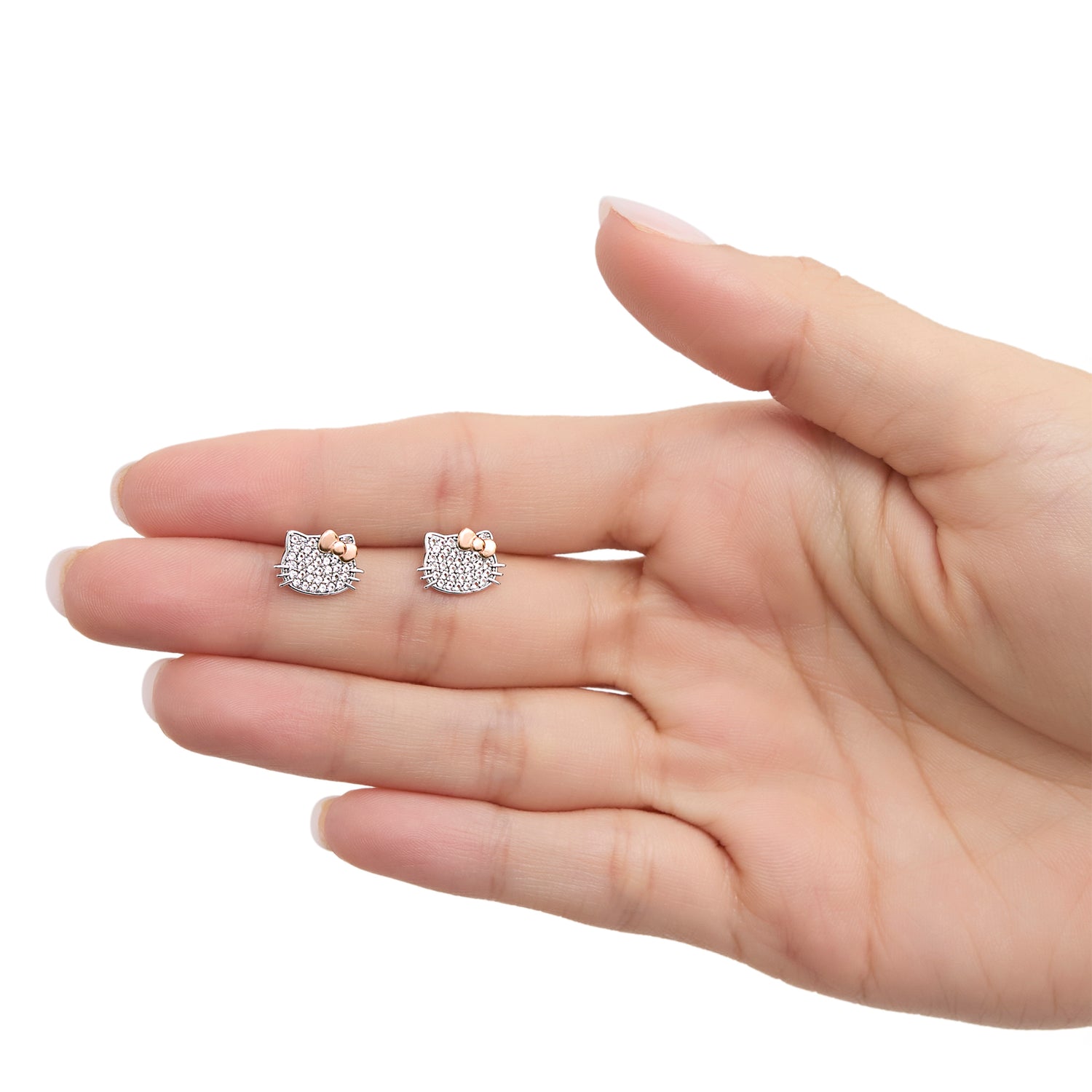 Hello Kitty Face Stud Earrings, Sterling Silver with Created White Sapphire Pavé and Rose Gold-Tone Bow, Official License