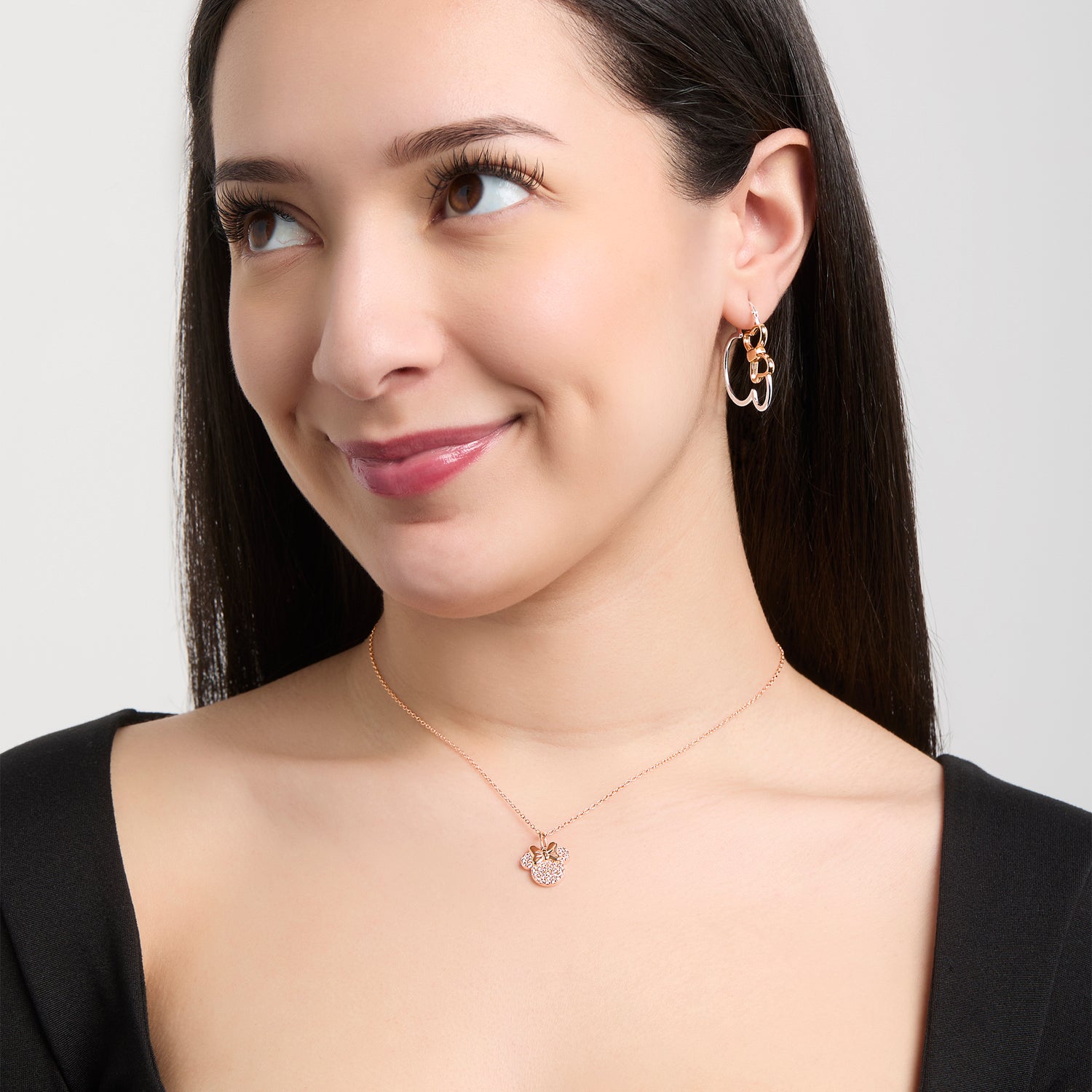 Minnie Mouse Hoop Earrings for Women Official License, Sterling Silver Minnie Earrings with 18k Pink Gold Flash-Plated Bow