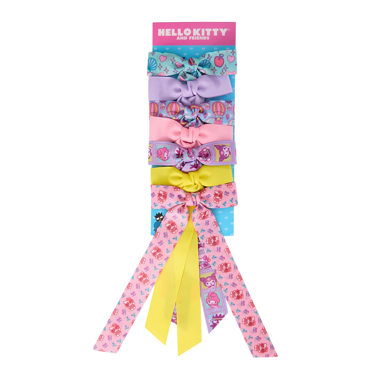 Hello Kitty and Friends Long Hair Bows 7-Piece Set Official License, Sanrio Hair Accessories with Kuromi and My Melody