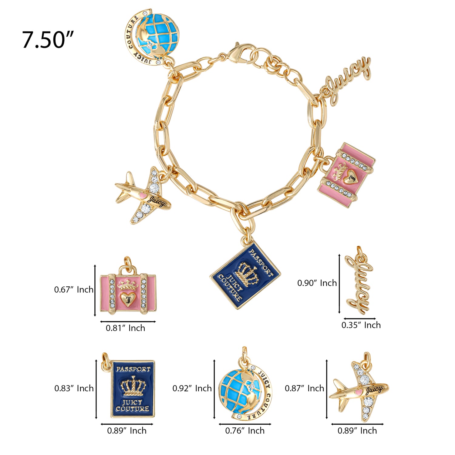 Juicy Couture Travel Icons Charm Bracelet, Gold‑Tone with Blue & Pink Enamel