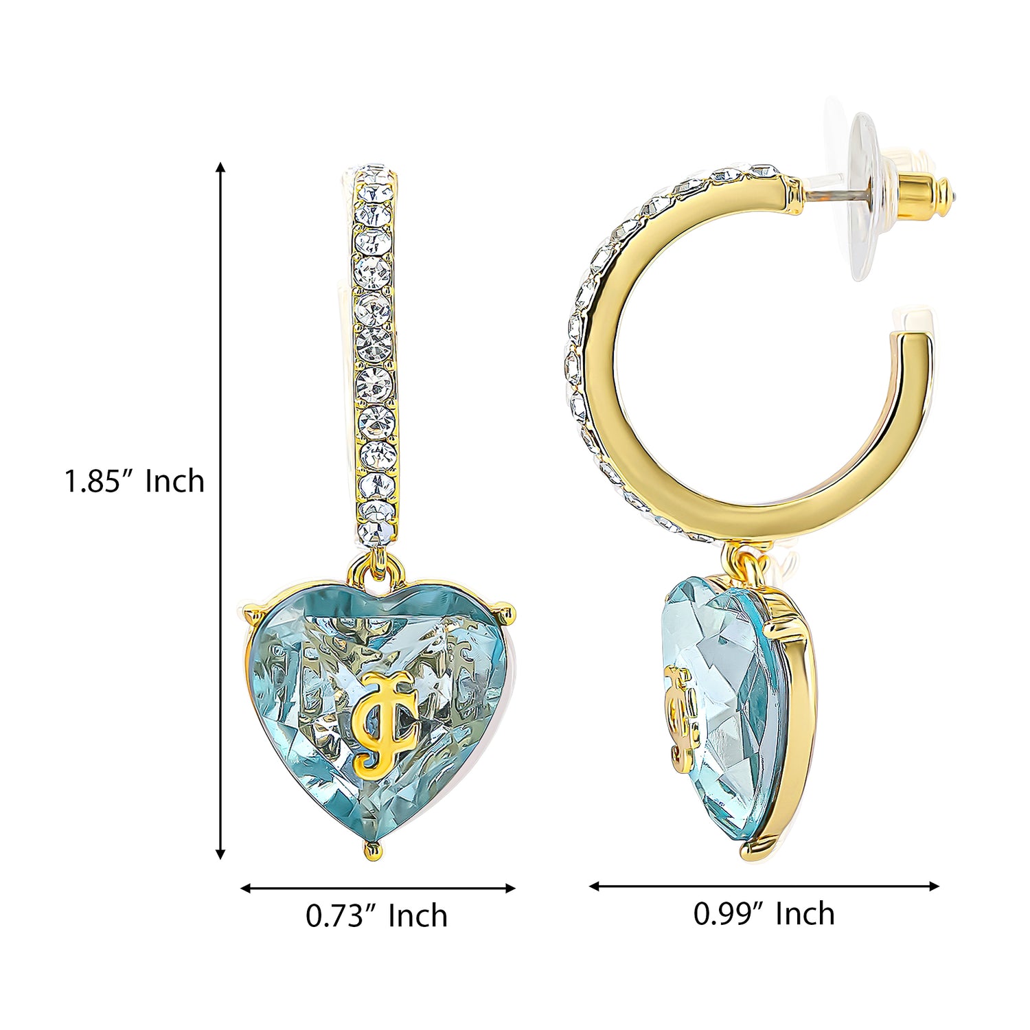 Juicy Couture Heart Charm Hoop Earrings for Women, Colored & Clear Stones - Blue