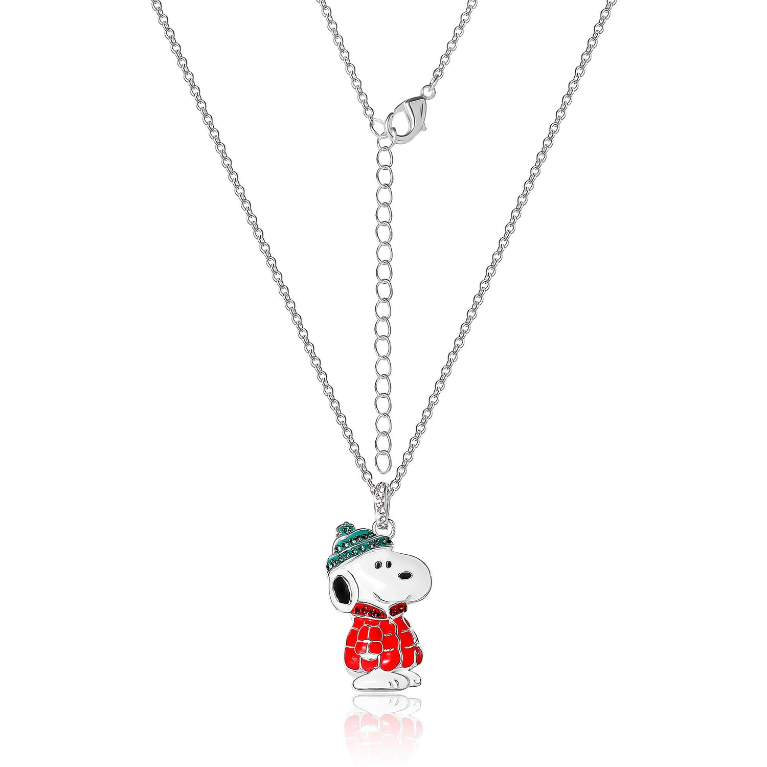 SALLY ROSE Peanuts Snoopy Pendant Necklace with Crystals, 16"+2" Silver Flash-Plated Snoopy Necklace for Women Official License