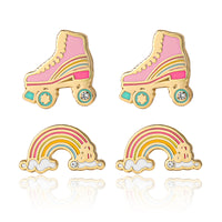 Barbie Skates and Rainbow Stud Earrings 2-Pack Official License, 18k Gold Flash-Plated Barbie Earrings with Crystal Accent