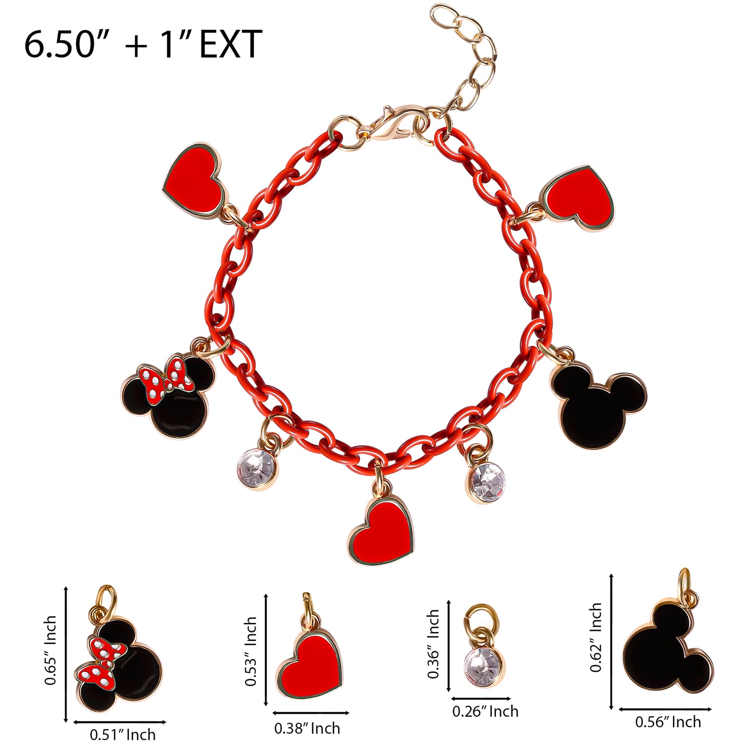 SALLY ROSE Mickey and Minnie Mouse Charm Bracelet with Red Chain Official License, 6.5"+1" Gold-Tone Fashion Charm Bracelet for Women