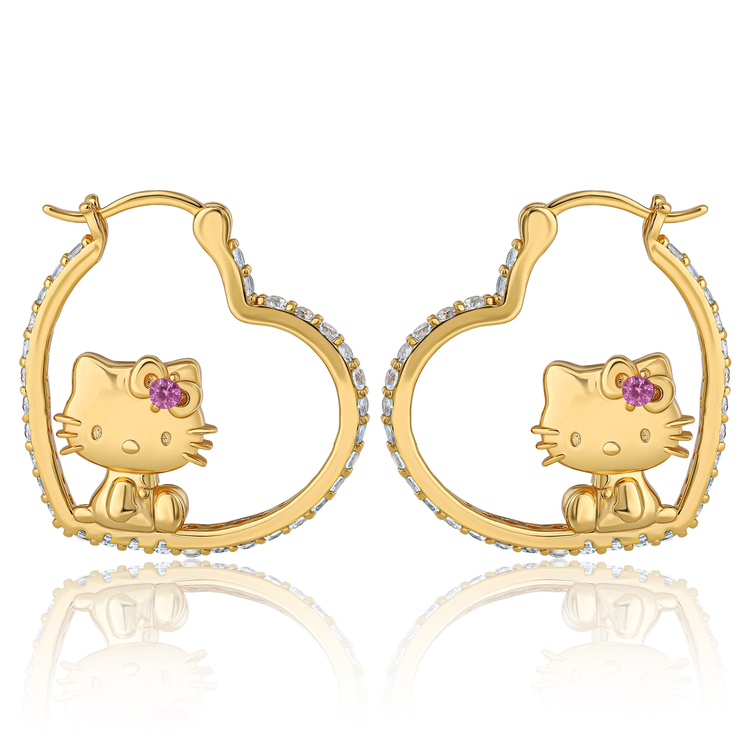 Hello Kitty 3D Heart Hoop Earrings, Yellow Gold-Plated Sterling Silver with Created Sapphire, Official License