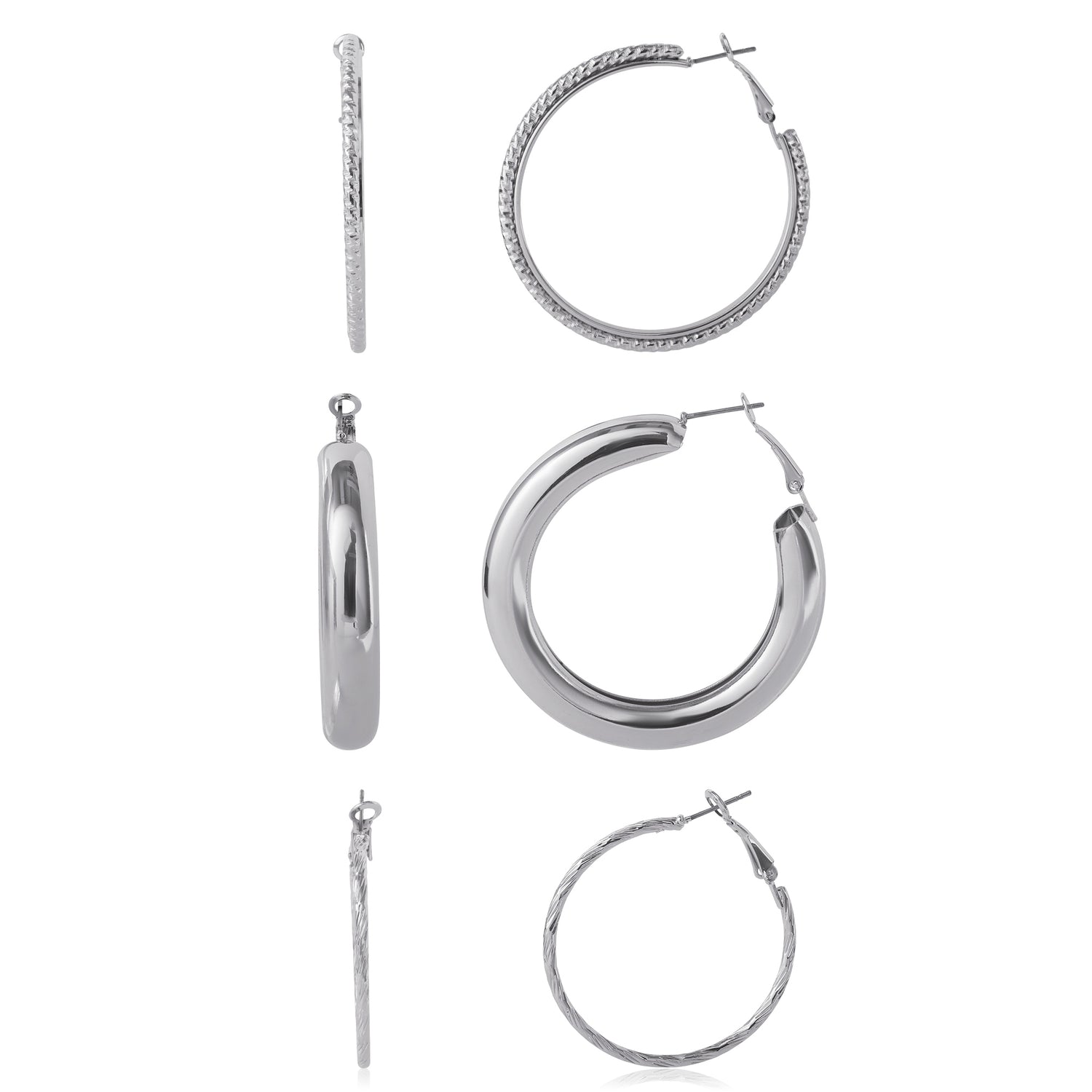 JS Jessica Simpson 3-Piece Textured Silver-Tone Hoop Earring Set