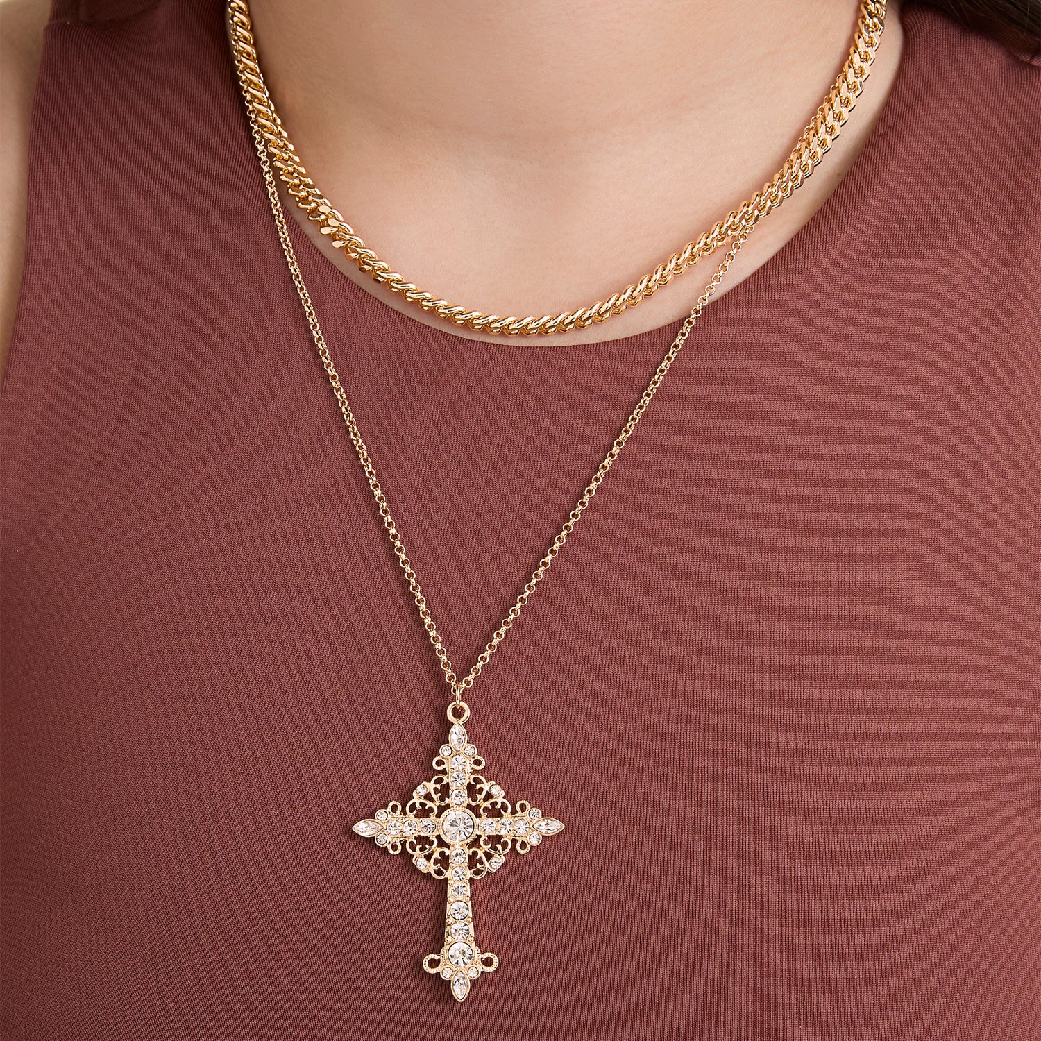 JS Jessica Simpson Gold-Tone Rhinestone Cross and Curb Chain Necklace Set