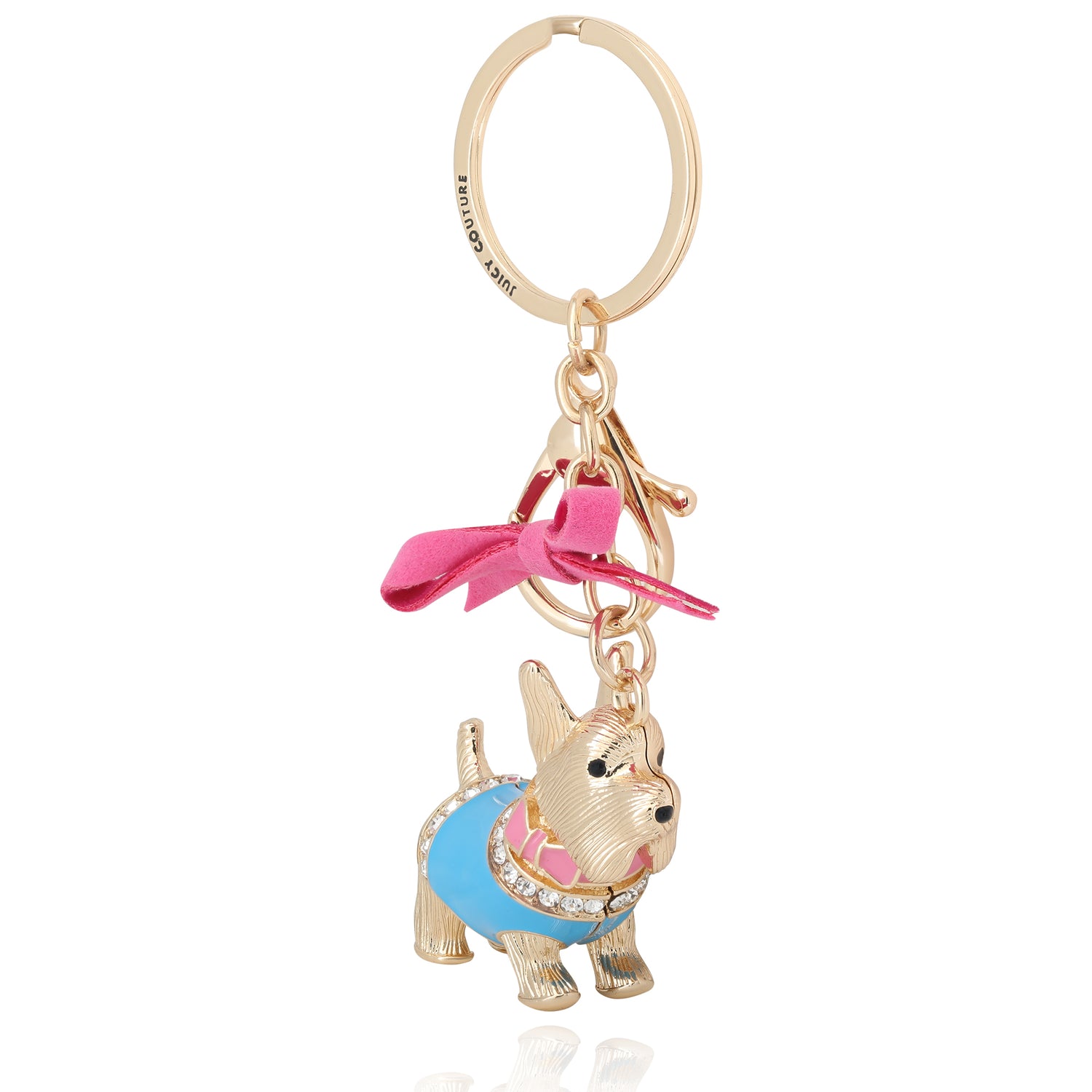 Juicy Couture Crystal Scottie Dog Keychain with Satin Bow, Gold‑Tone