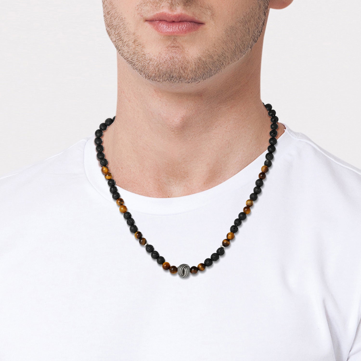 Lucky Brand Men’s Lava Rock & Tiger Eye Beaded Necklace, Silver‑Tone Center Bead