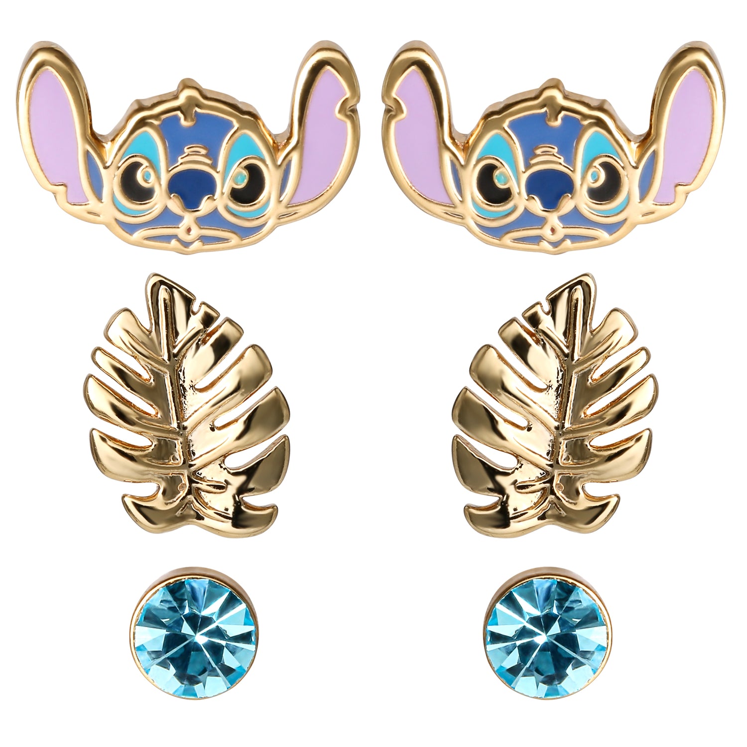 Disney Stitch Stud Earrings 3-Piece Set Gold-Tone, Official License Stitch Jewelry