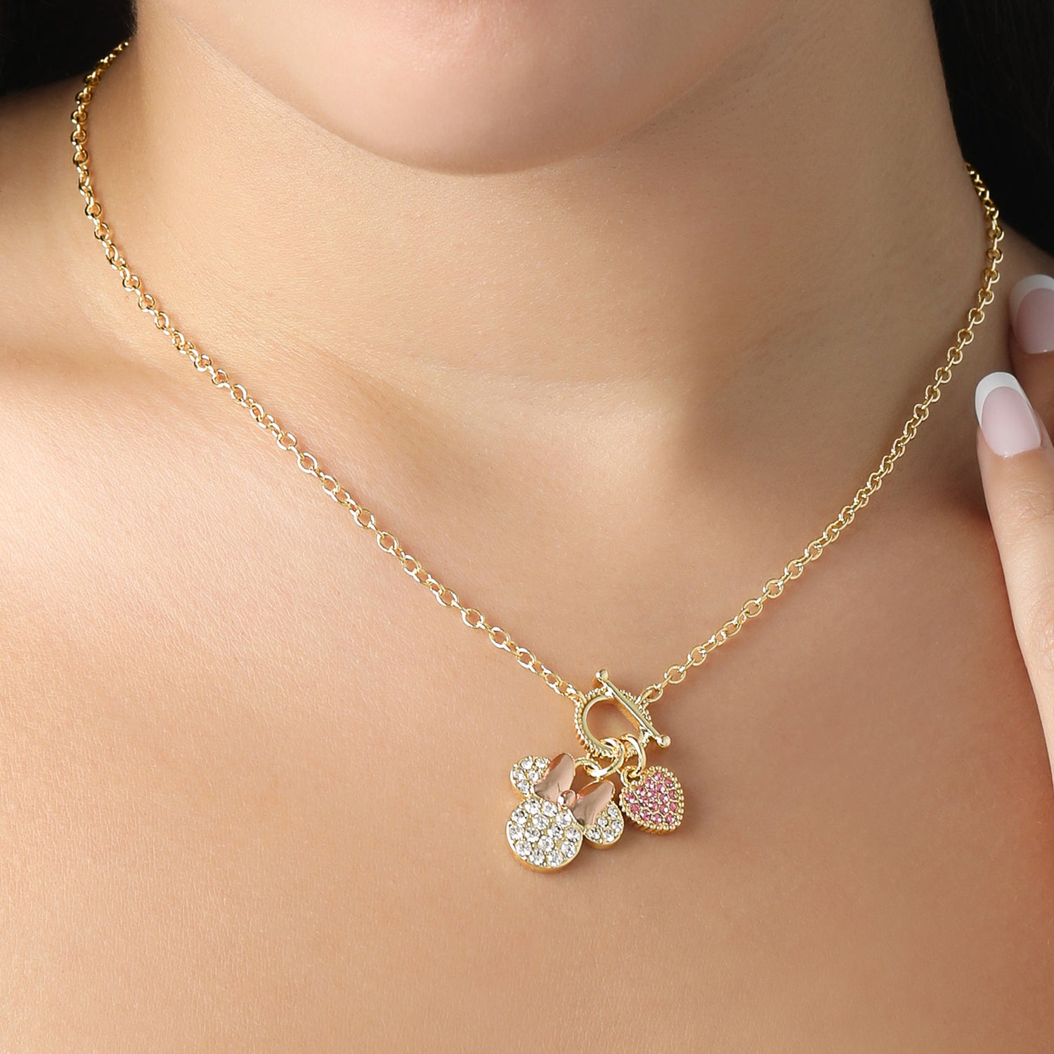 Disney Minnie Mouse Necklace 16" + 2", Gold Tone, Clear and Pink Crystals
