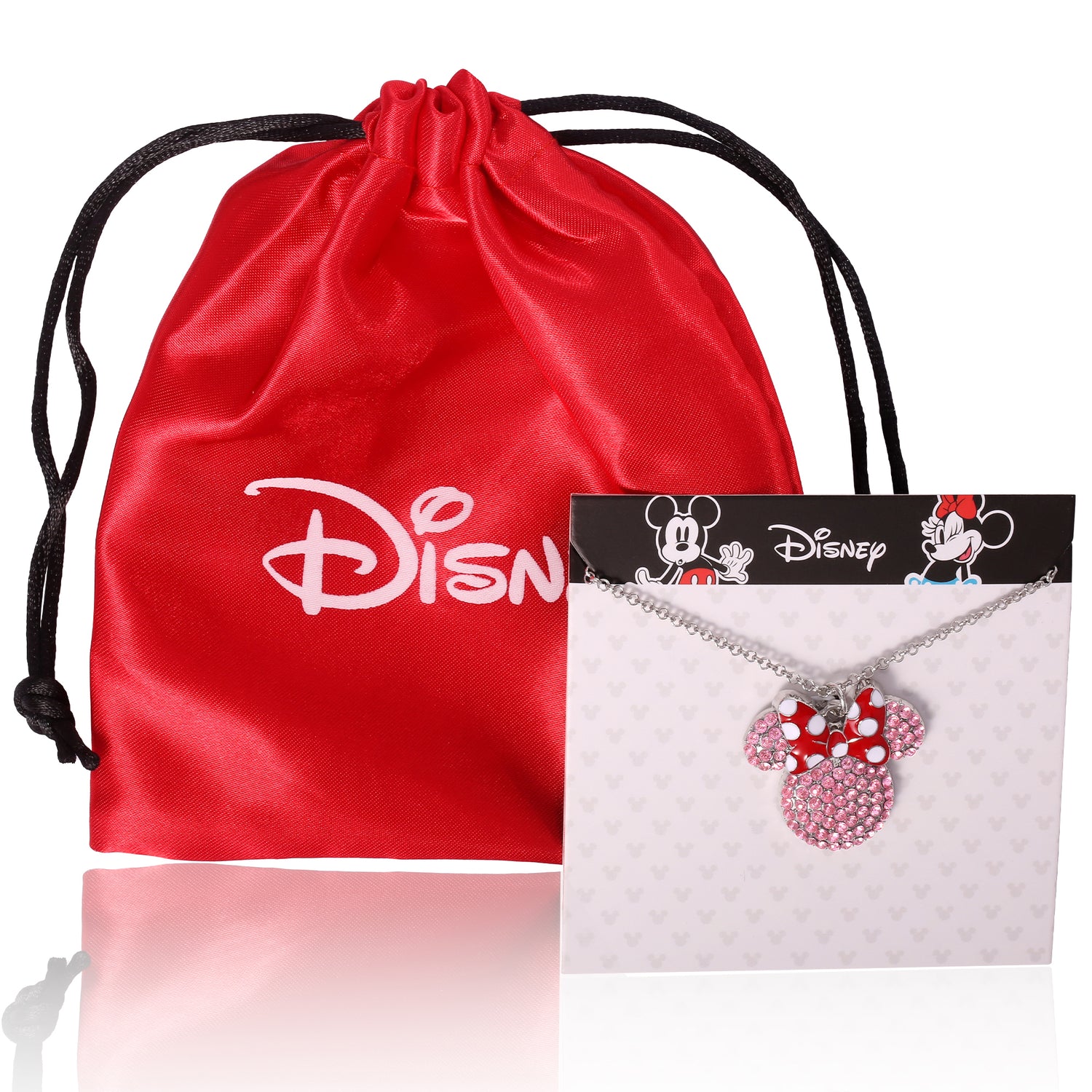 Disney Minnie Mouse Necklace for Women Official License, 16"+3" Pave Pink Crystal Minnie Necklace with Red Bow, Jewelry - Pink