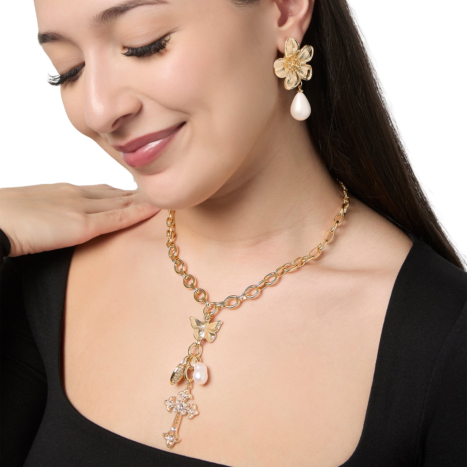 Jessica Simpson Gold-Tone Flower Earrings with Dangling Faux Pearl, Drop Earrings for Women