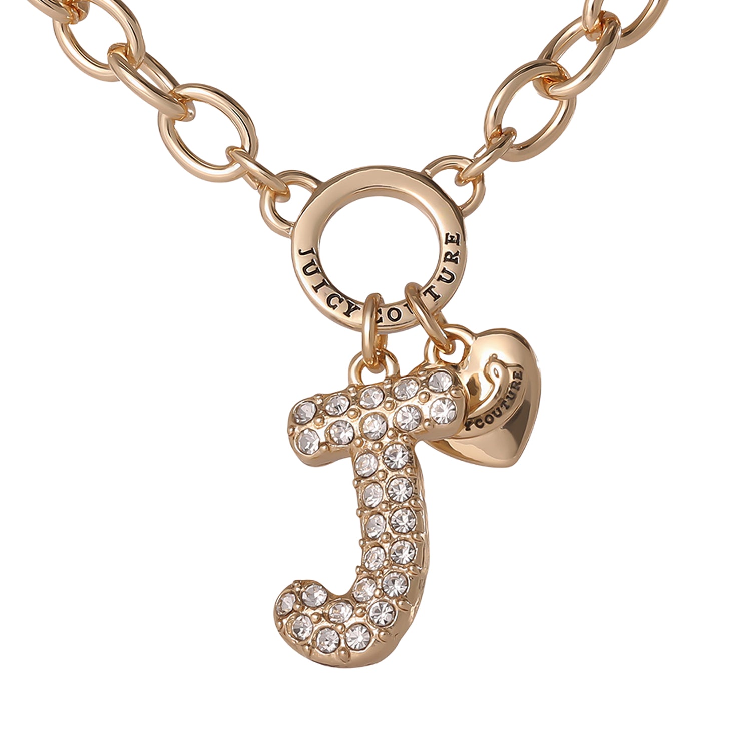 Juicy Couture Bubble Letter Necklace for Women with Clear Stones 18"+2", Chunky Initial Necklace Gold-Tone - J