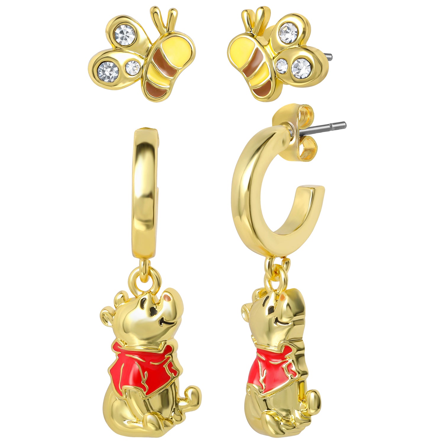 Winnie the Pooh Earrings for Women Pack of 2, Gold Tone and Clear Crystals