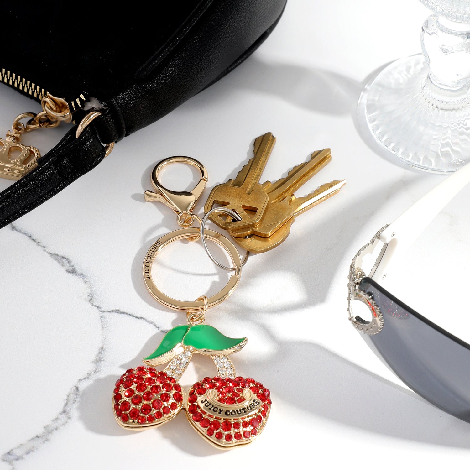 Juicy Couture Cherry Crystal & Enamel Keychain In Gold Tone