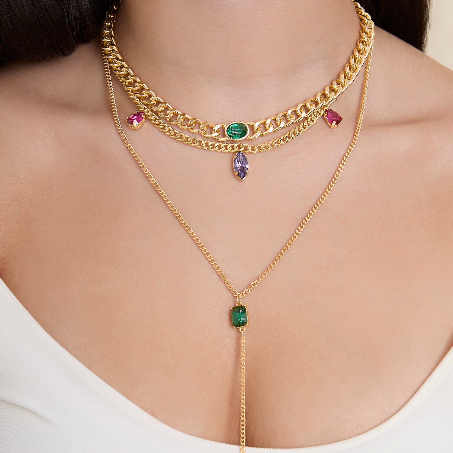 JS Jessica Simpson Gold-Tone Gemstone Accent Layered Necklace