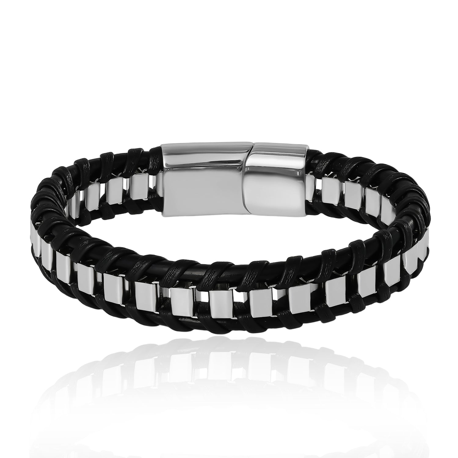 Lucky Brand Men’s Woven Leather & Stainless Link Bracelet, Black, Magnetic Clasp - 8.5''