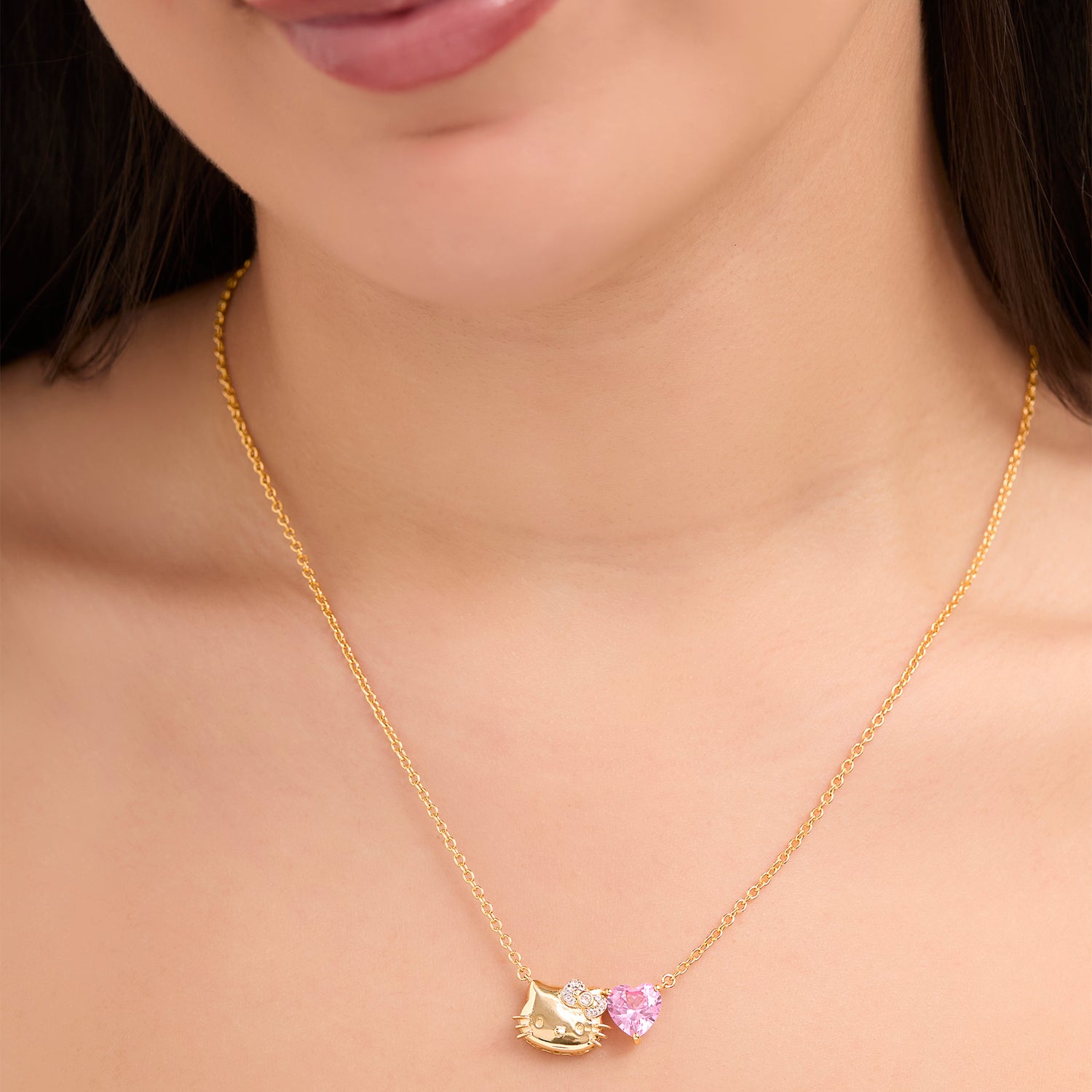 Hello Kitty Face and Heart Necklace 18", Yellow Gold-Plated Sterling Silver with Created Pink & White Sapphire, Official License