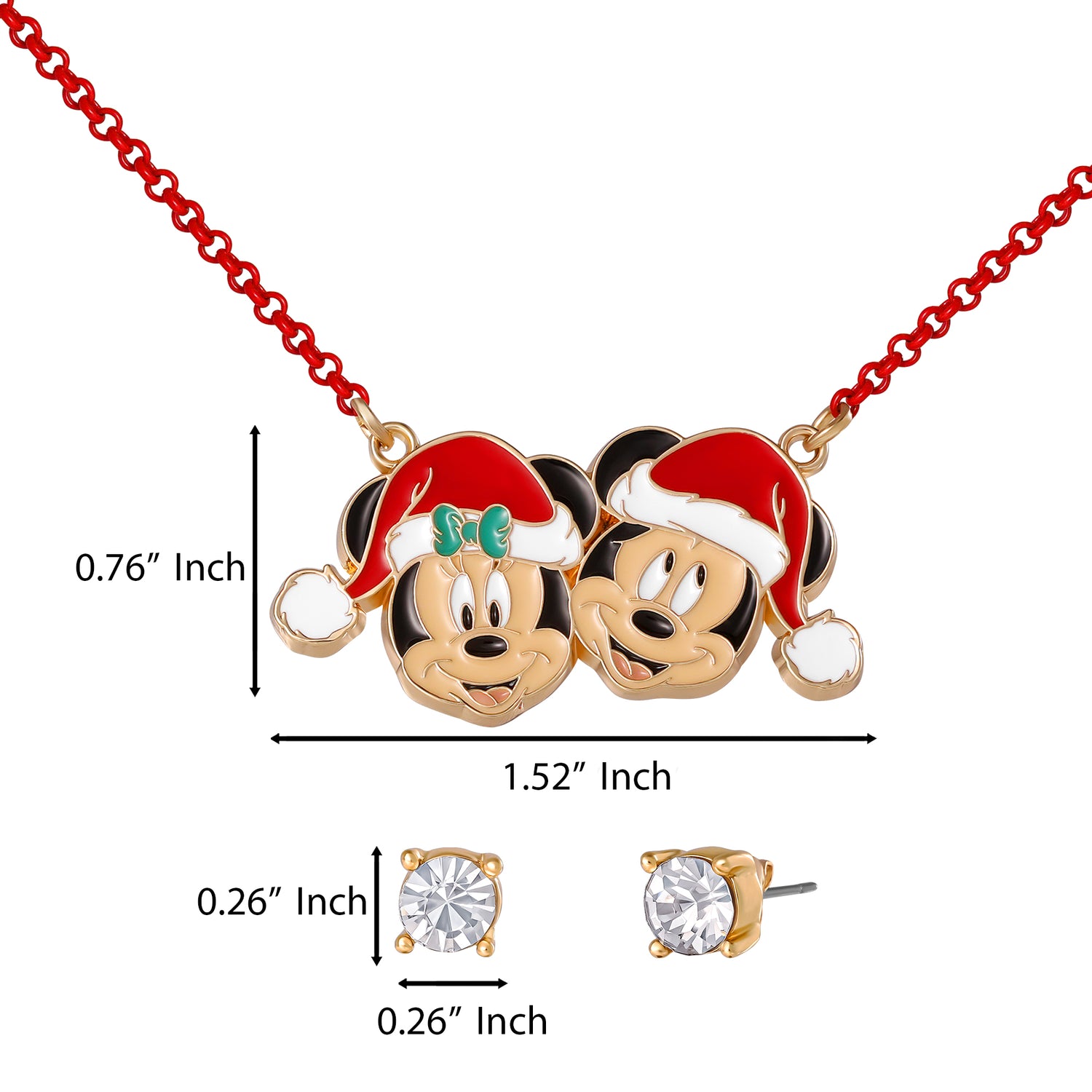 Disney Mickey & Minnie Santa Necklace & Stud Earrings Set, Gold‑Tone