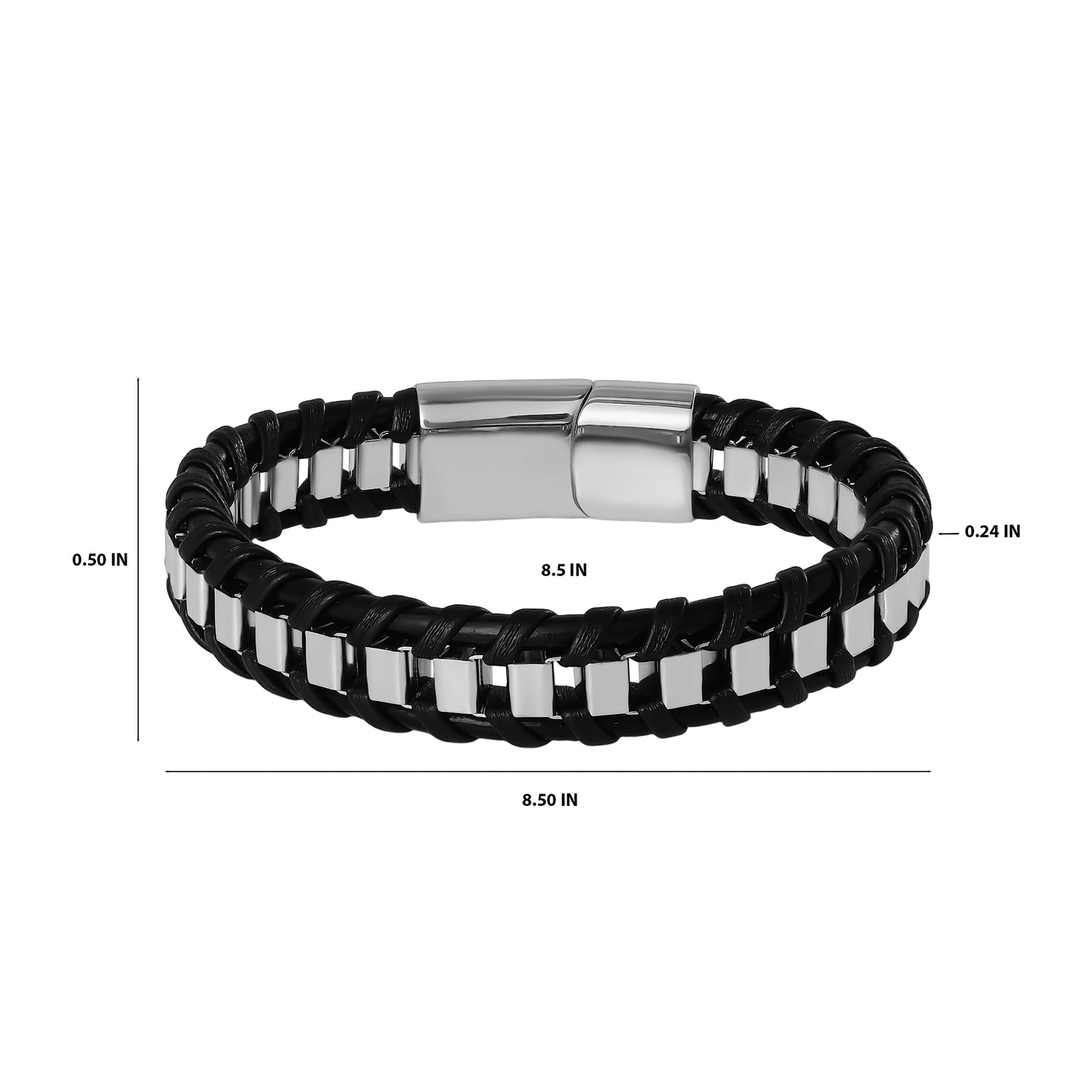 Lucky Brand Men’s Woven Leather & Stainless Link Bracelet, Black, Magnetic Clasp - 8.5''